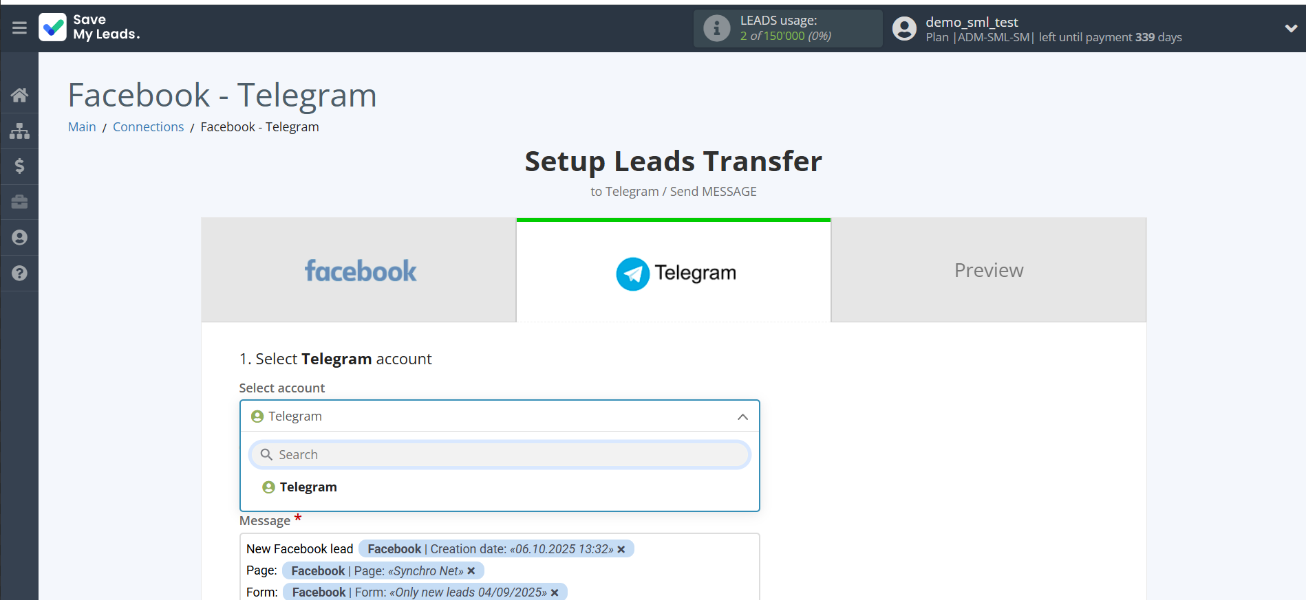 How to Connect Facebook with Telegram | Data Destination account selection How to Connect Facebook with Telegram | Data Destination account selection