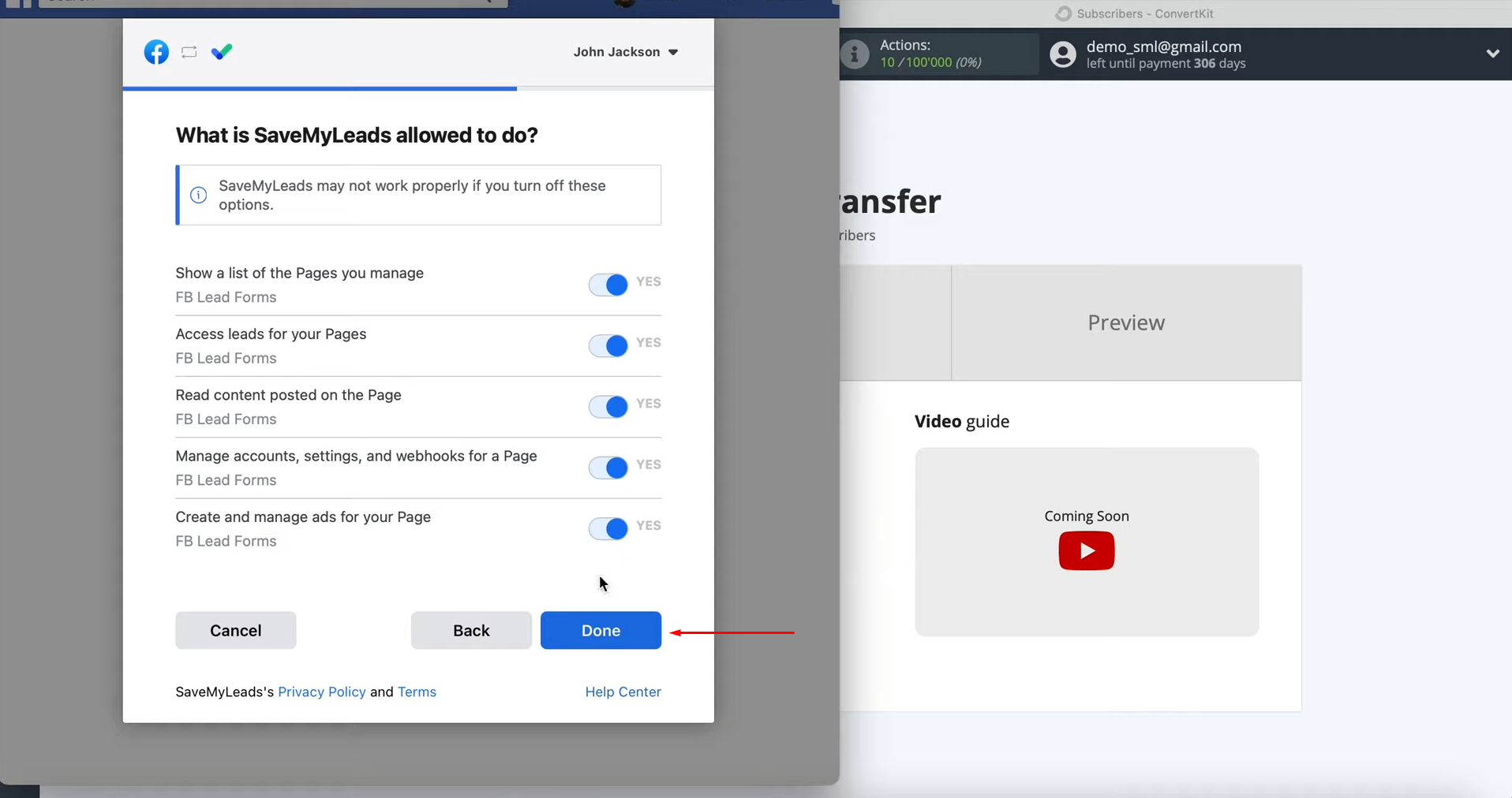 Facebook and ConvertKit integration | Leave all access checkboxes enabled