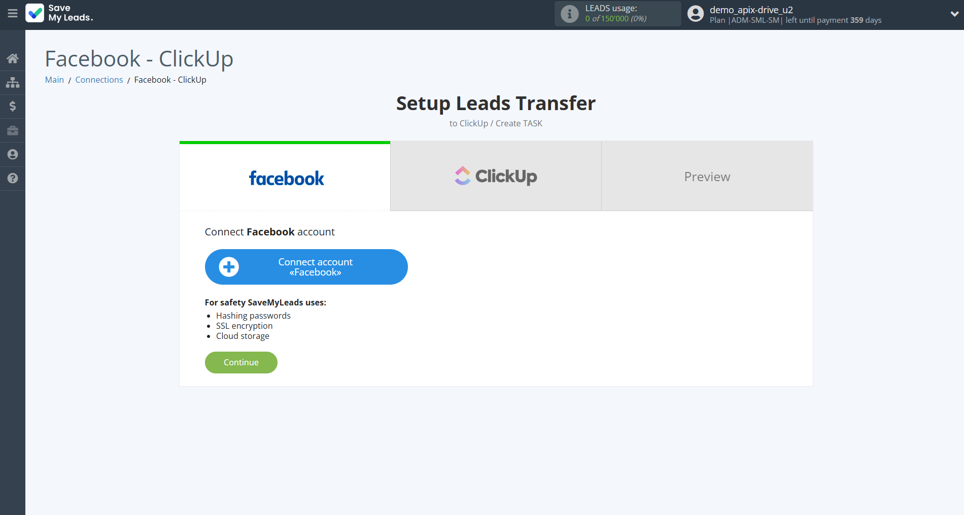 How to Connect Facebook with ClickUp | Data Source account connection