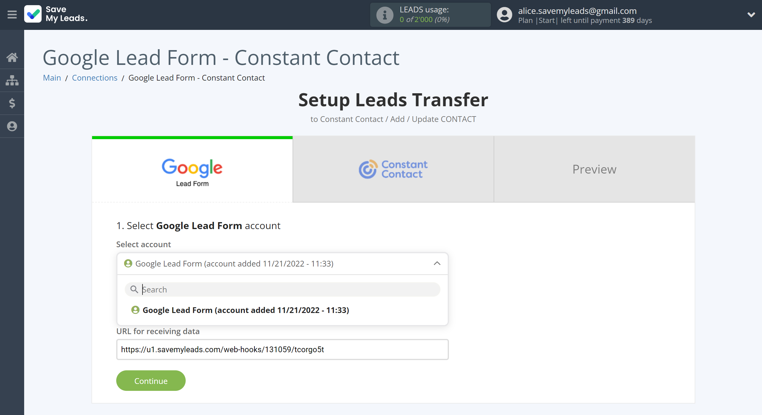 How to Connect Google Lead Form with Constant Contact | Data Source account selection