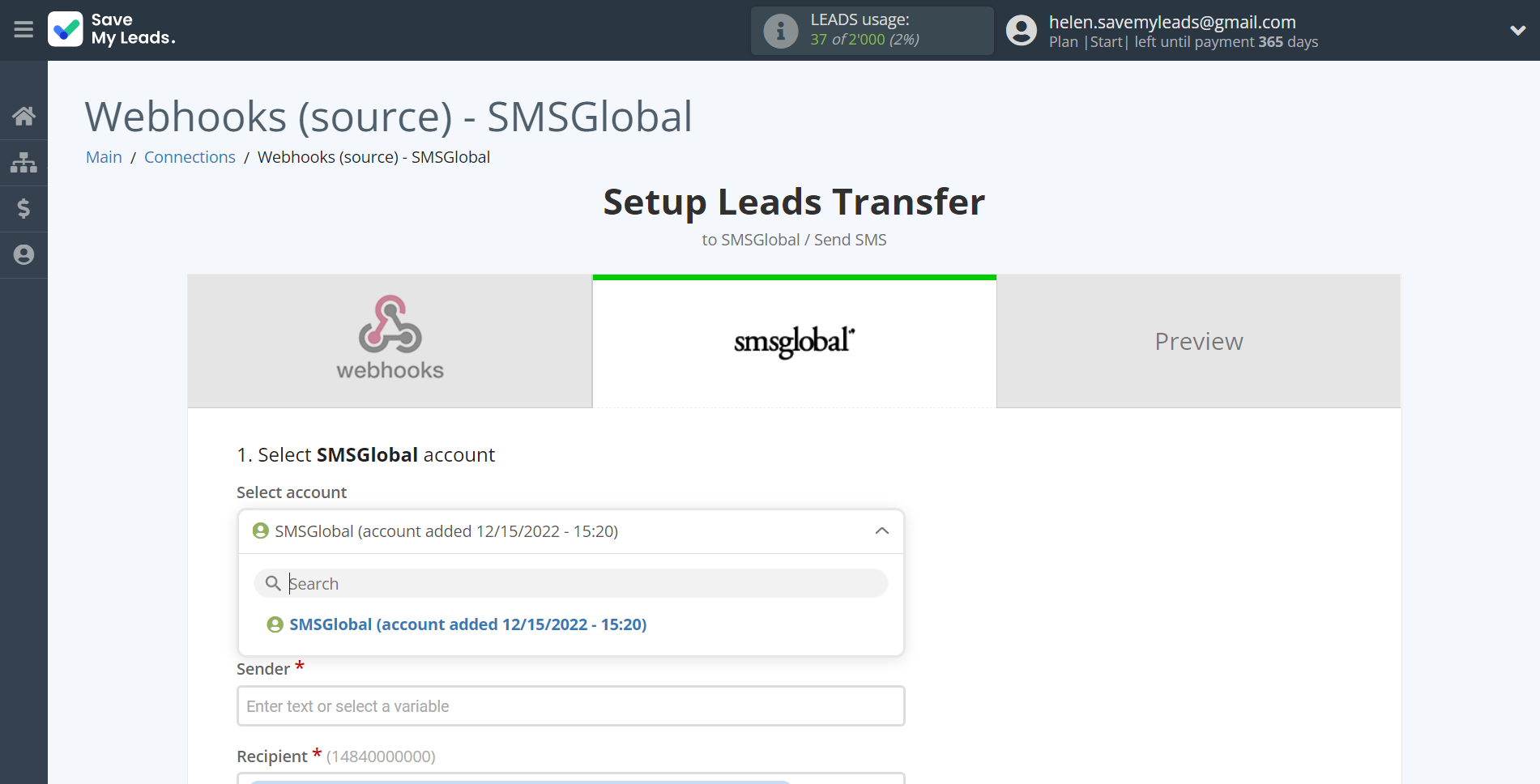 How to Connect Webhooks with SMSGlobal | Data Destination account selection