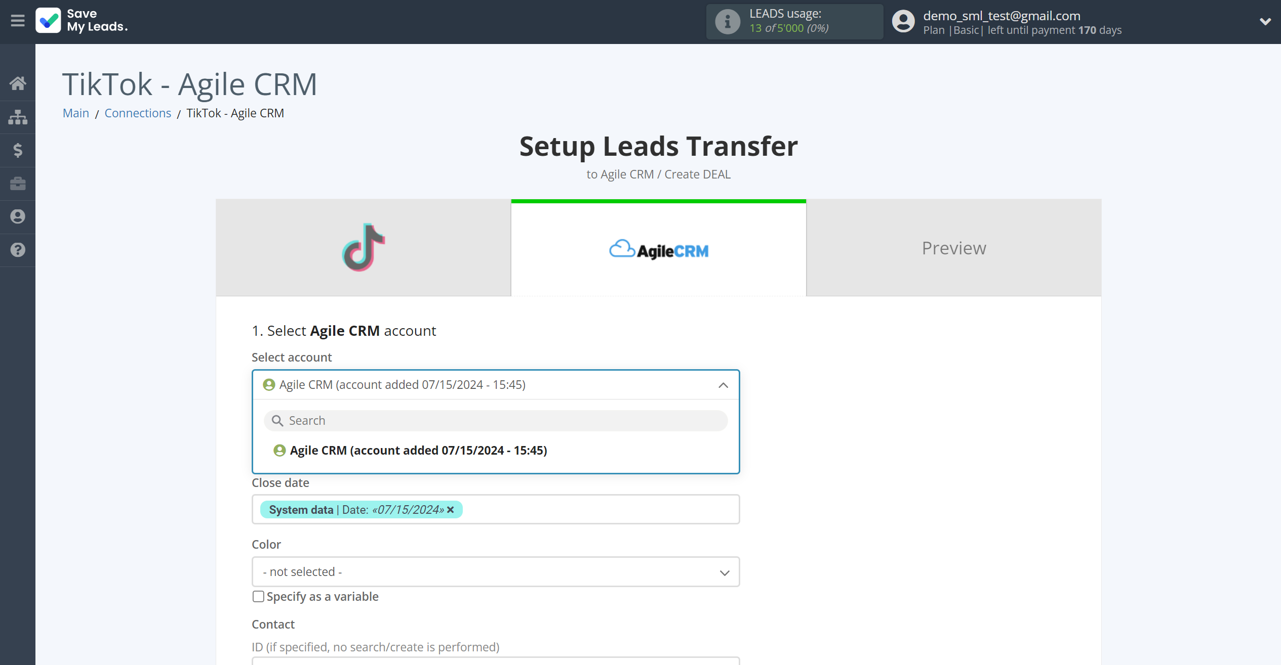 How to Connect TikTok with AgileCRM Create Deal| Data Destination account selection