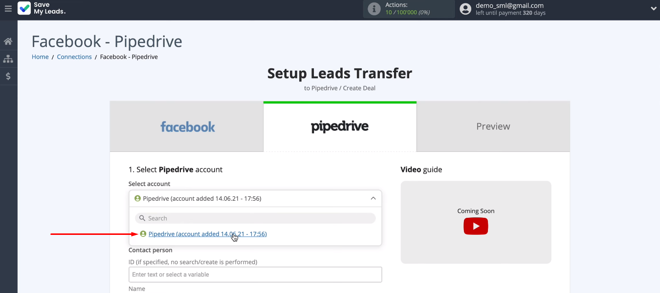 Facebook and Pipedrive integration | Select the Pipedrive account
