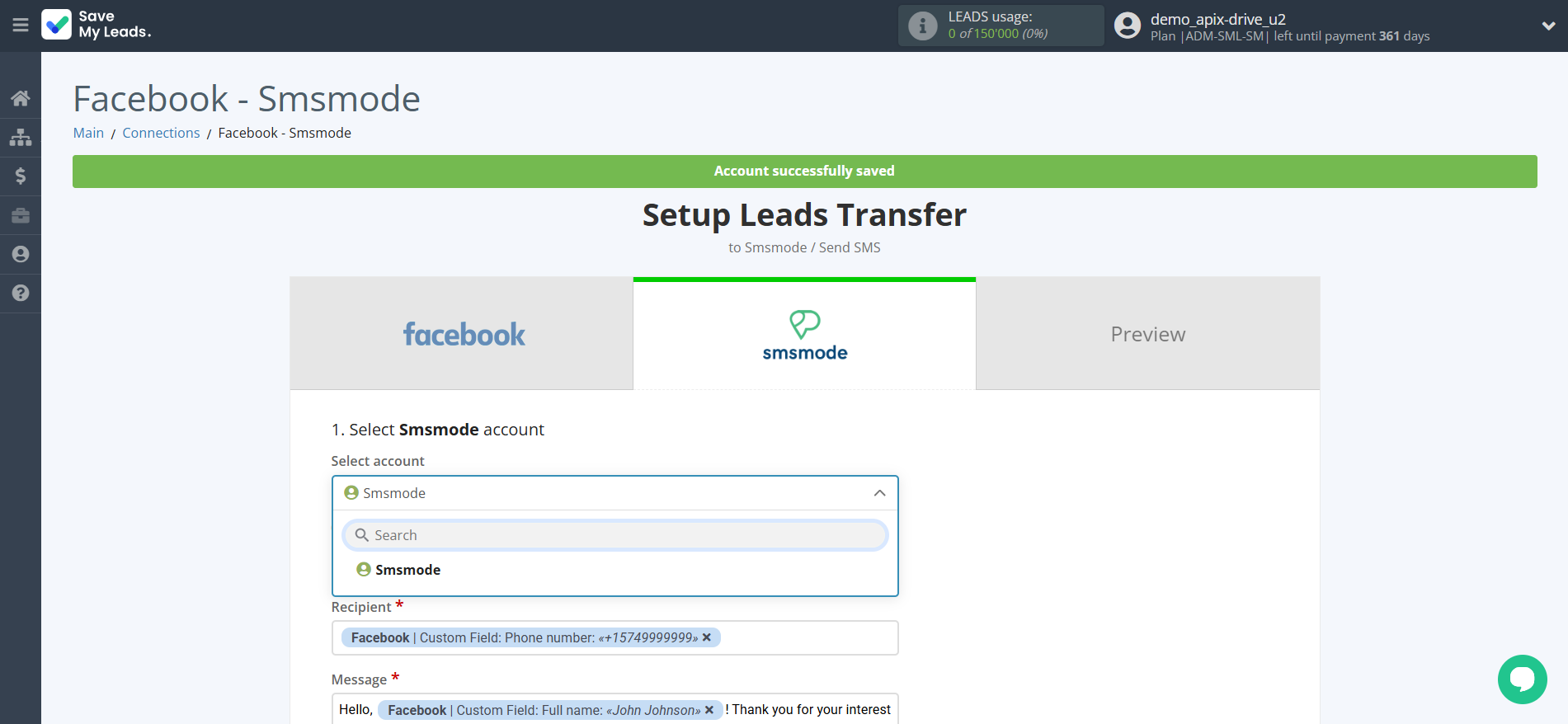 How to Connect Facebook with Smsmode | Data Destination account selection