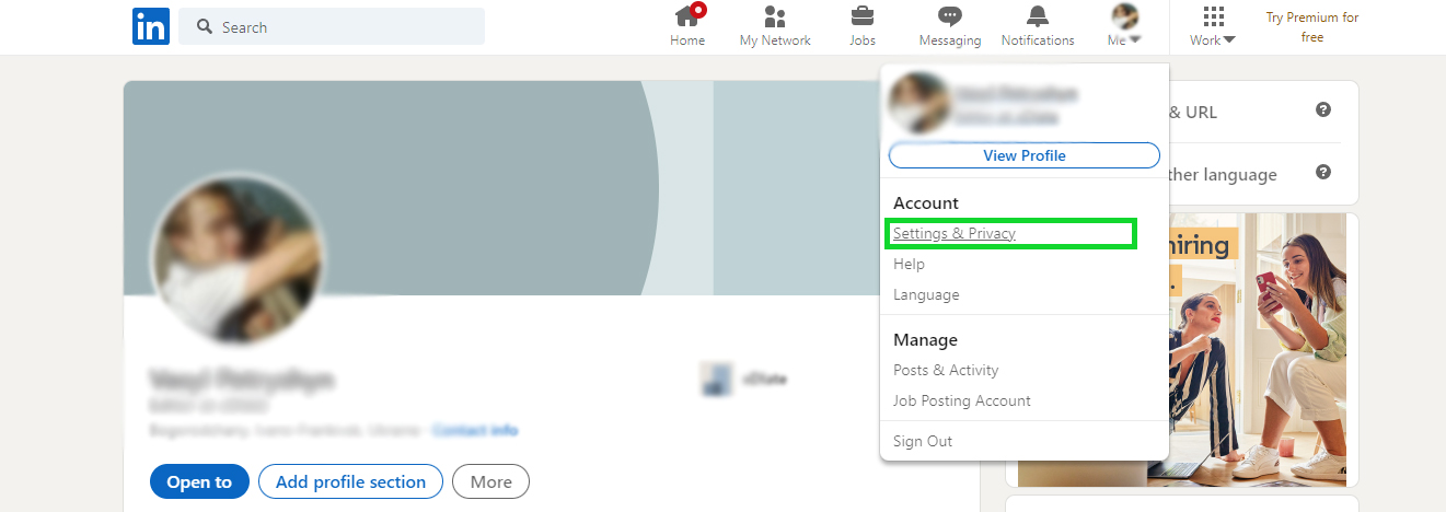 How do I delete my Linkedin account | Click on "Settigs &amp; Privacy"