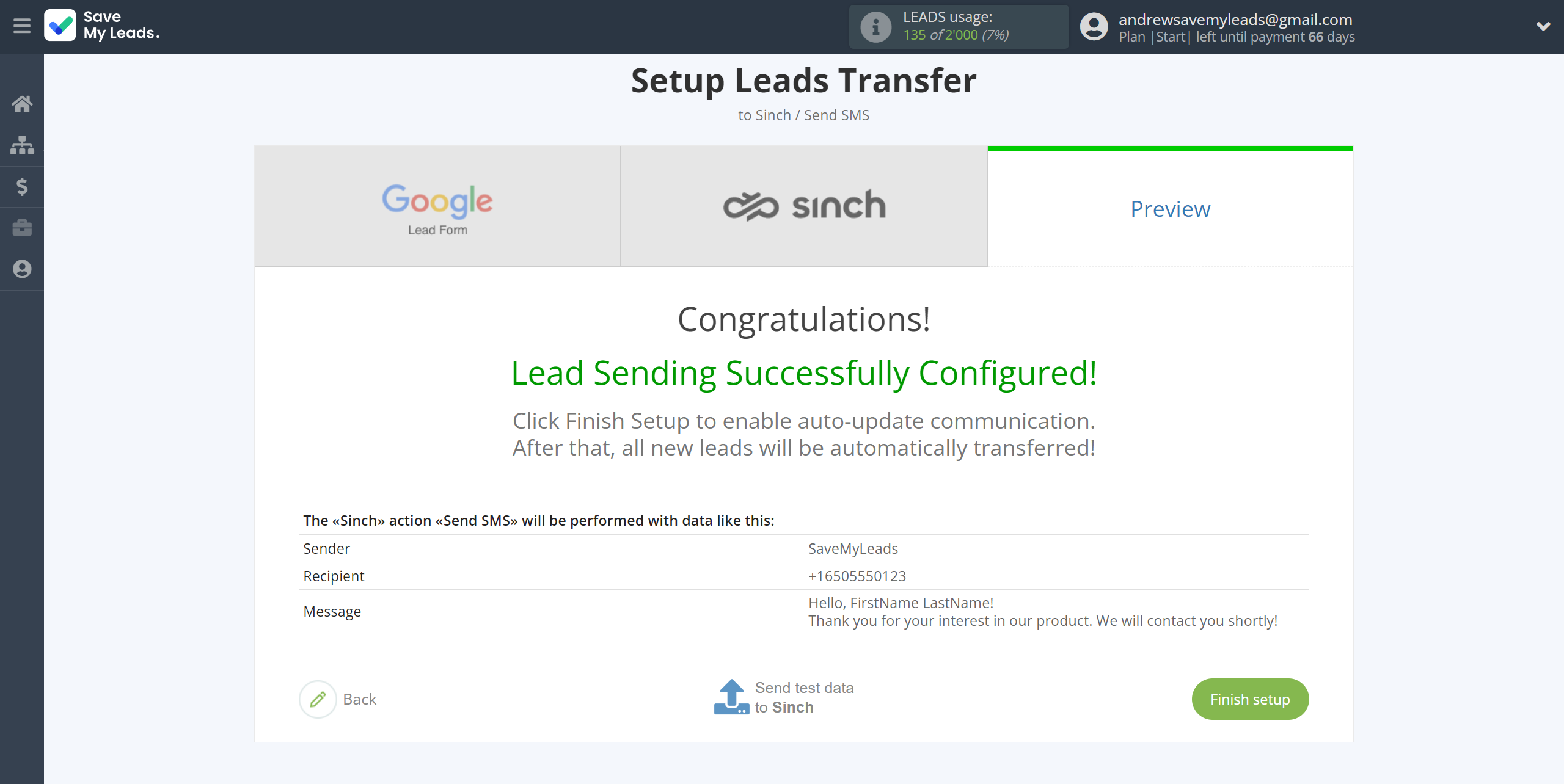 How to Connect Google Lead Form with Sinch | Test data