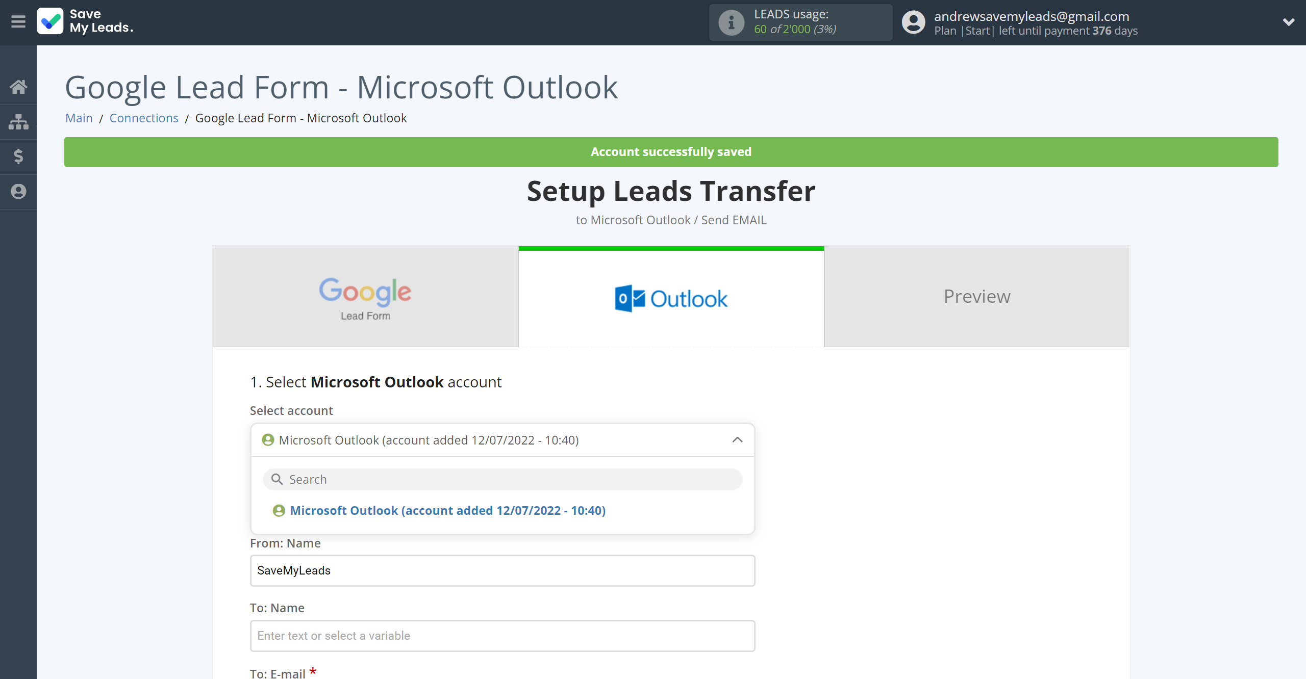 How to Connect Google Lead Form with Microsoft Outlook | Data Destination account selection