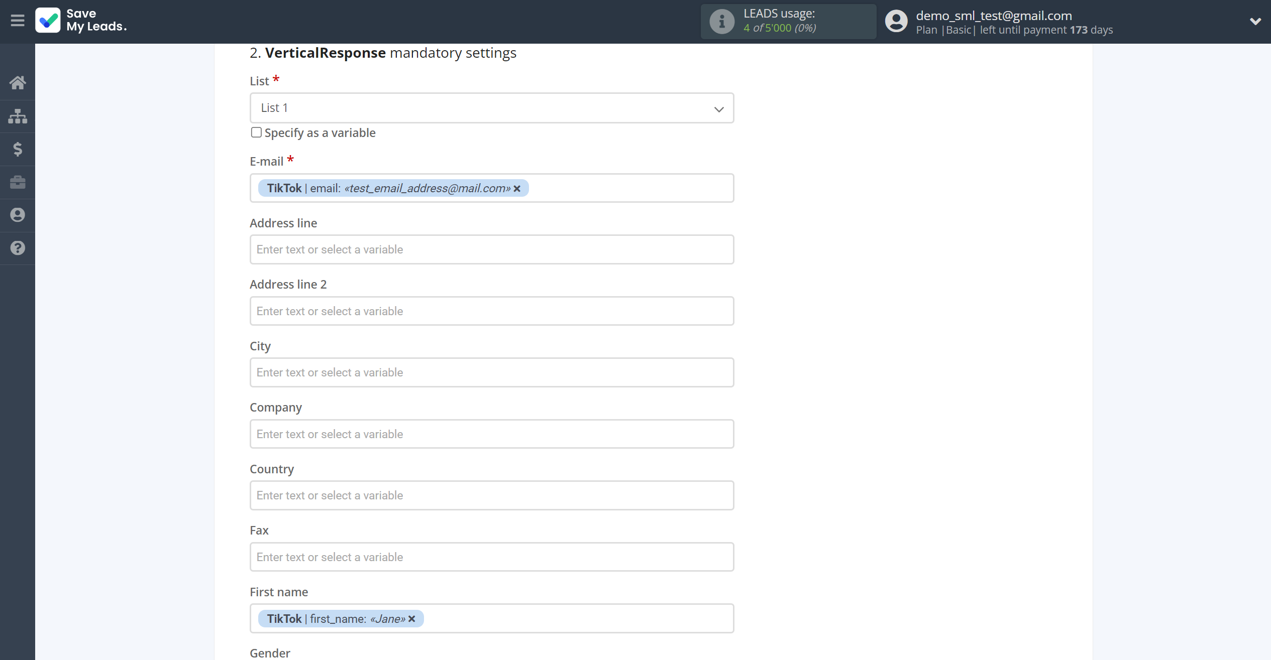 How to Connect TikTok with VerticalResponse | Assigning fields