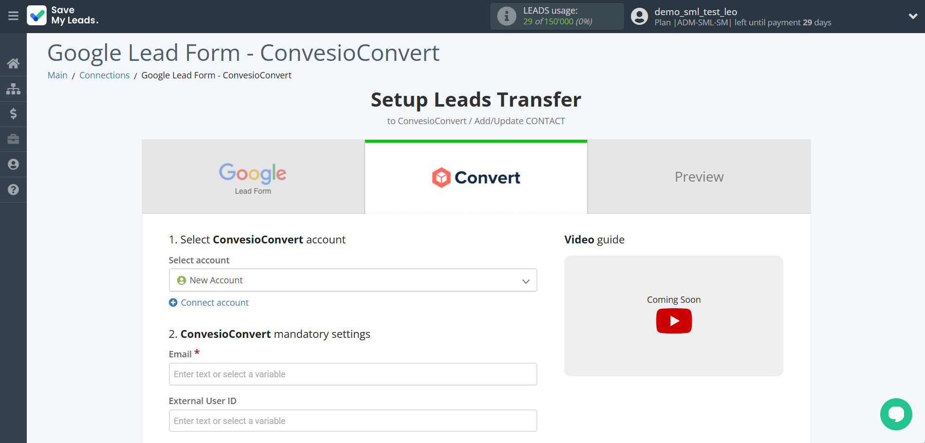 How to Connect Google Lead Form with ConvesioConvert | Data Destination account selection
