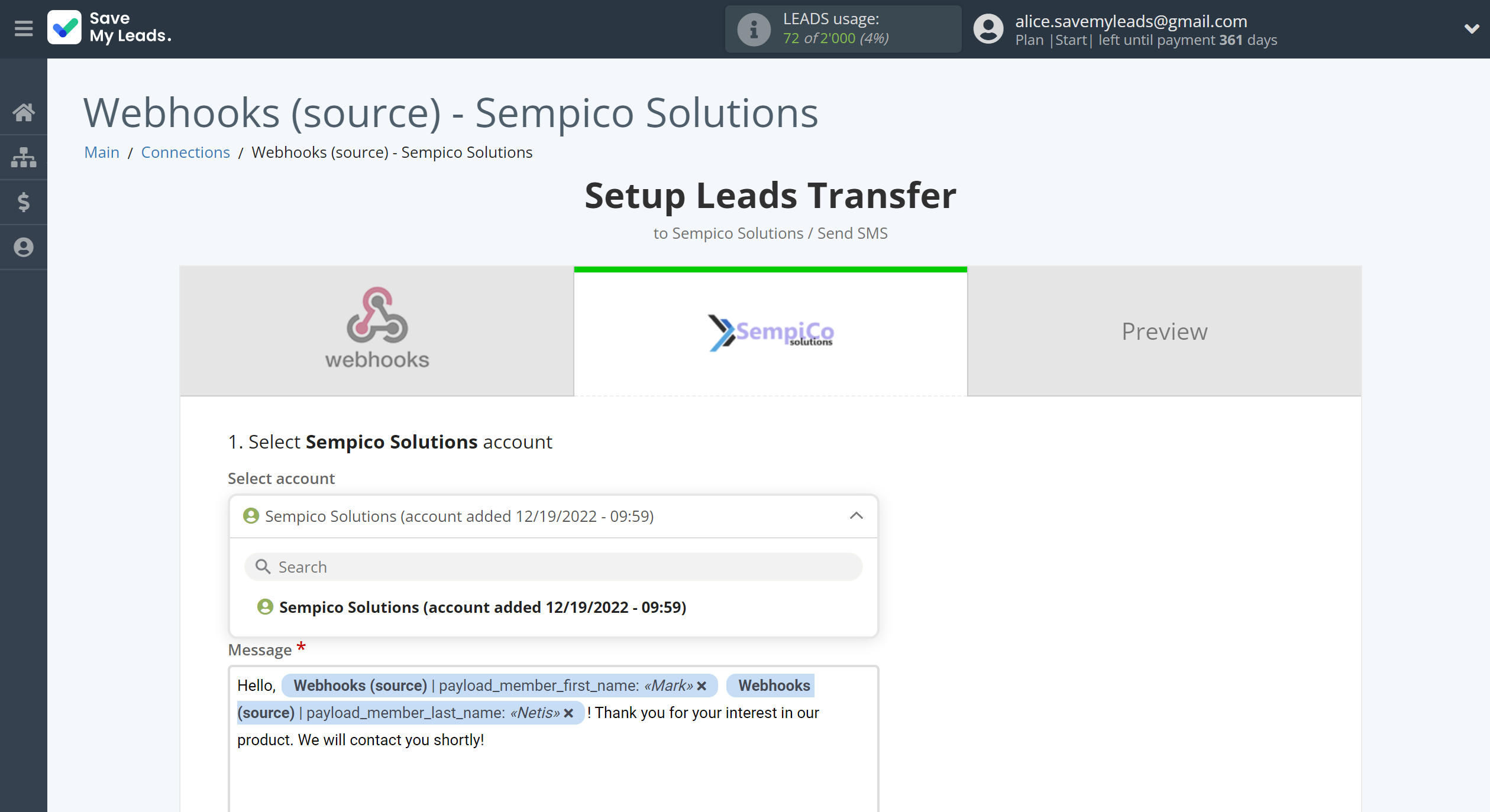 How to Connect Webhooks with Sempico Solutions | Data Destination account selection