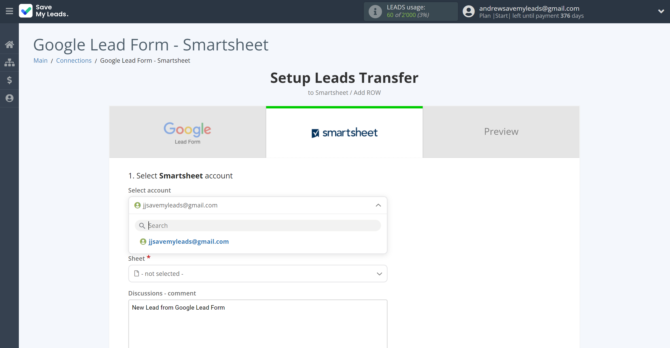 How to Connect Google Lead Form with Smartsheet | Data Destination account selection