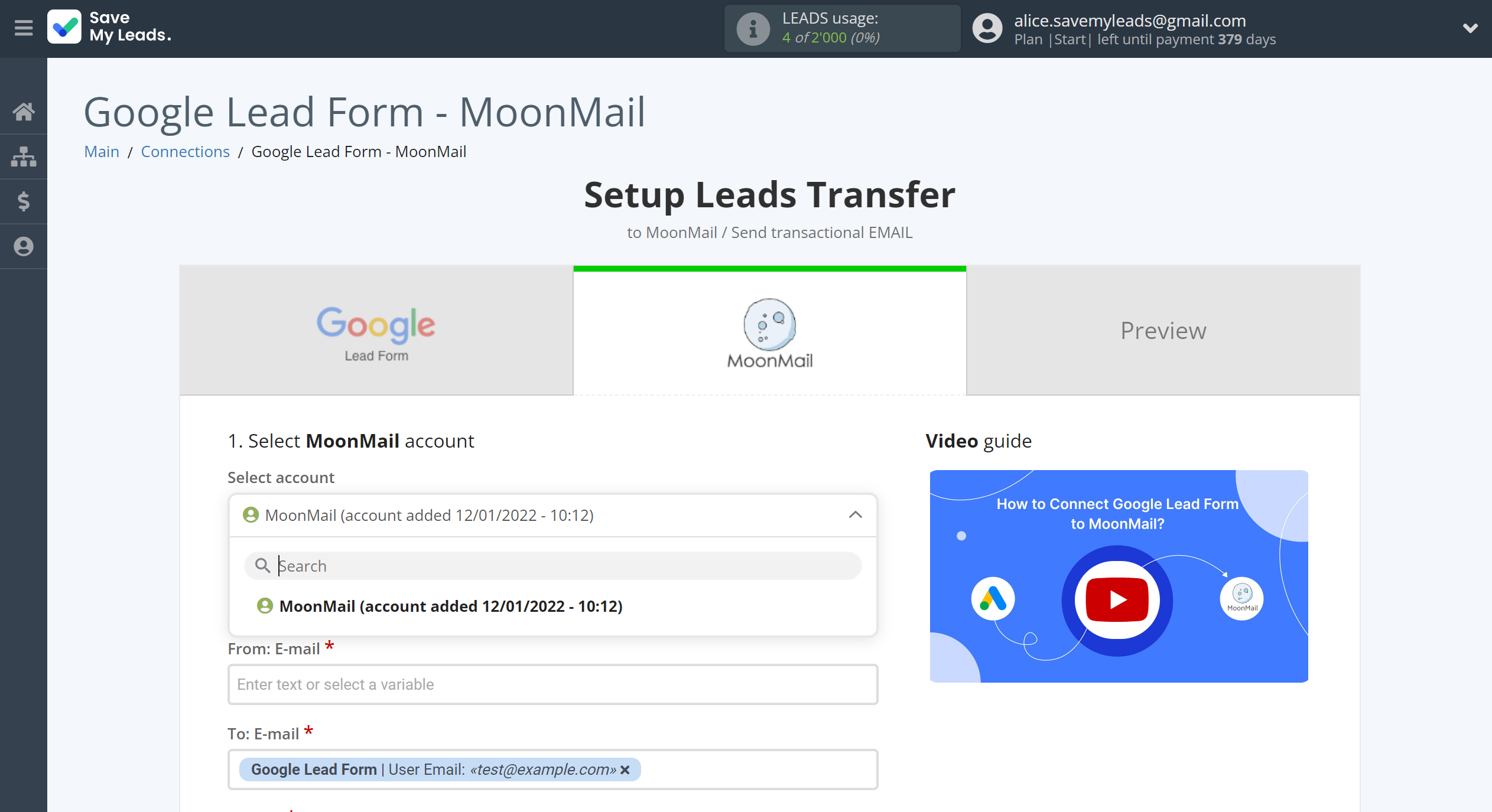 How to Connect Google Lead Form with MoonMail | Data Destination account selection