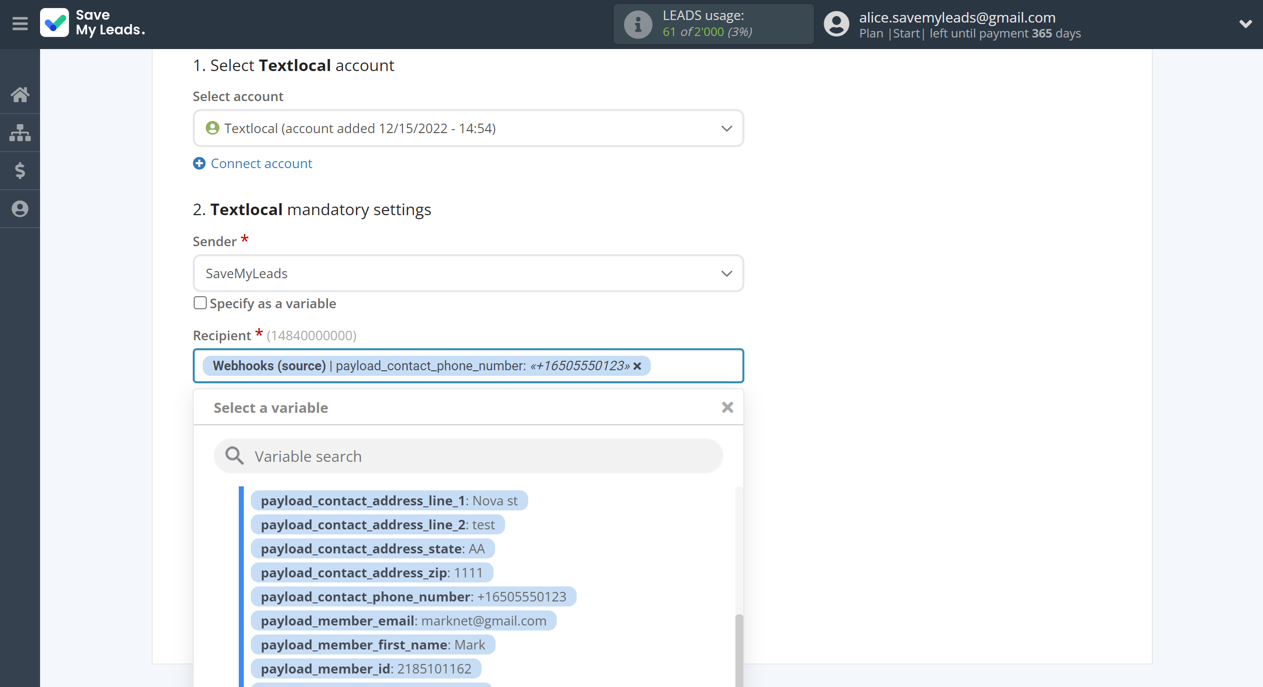 How to Connect Webhooks with Textlocal | Assigning fields