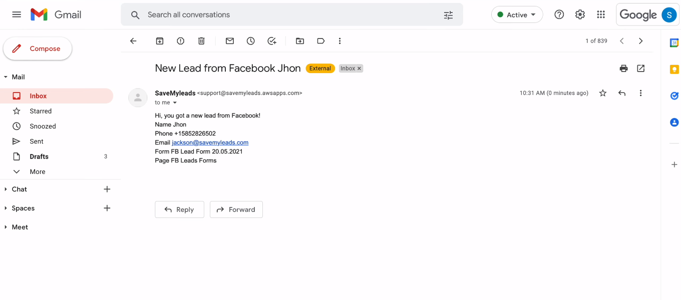 Facebook and Amazon WorkMail integration | Mail about new lead Facebook and Amazon WorkMail integration | Mail about new lead