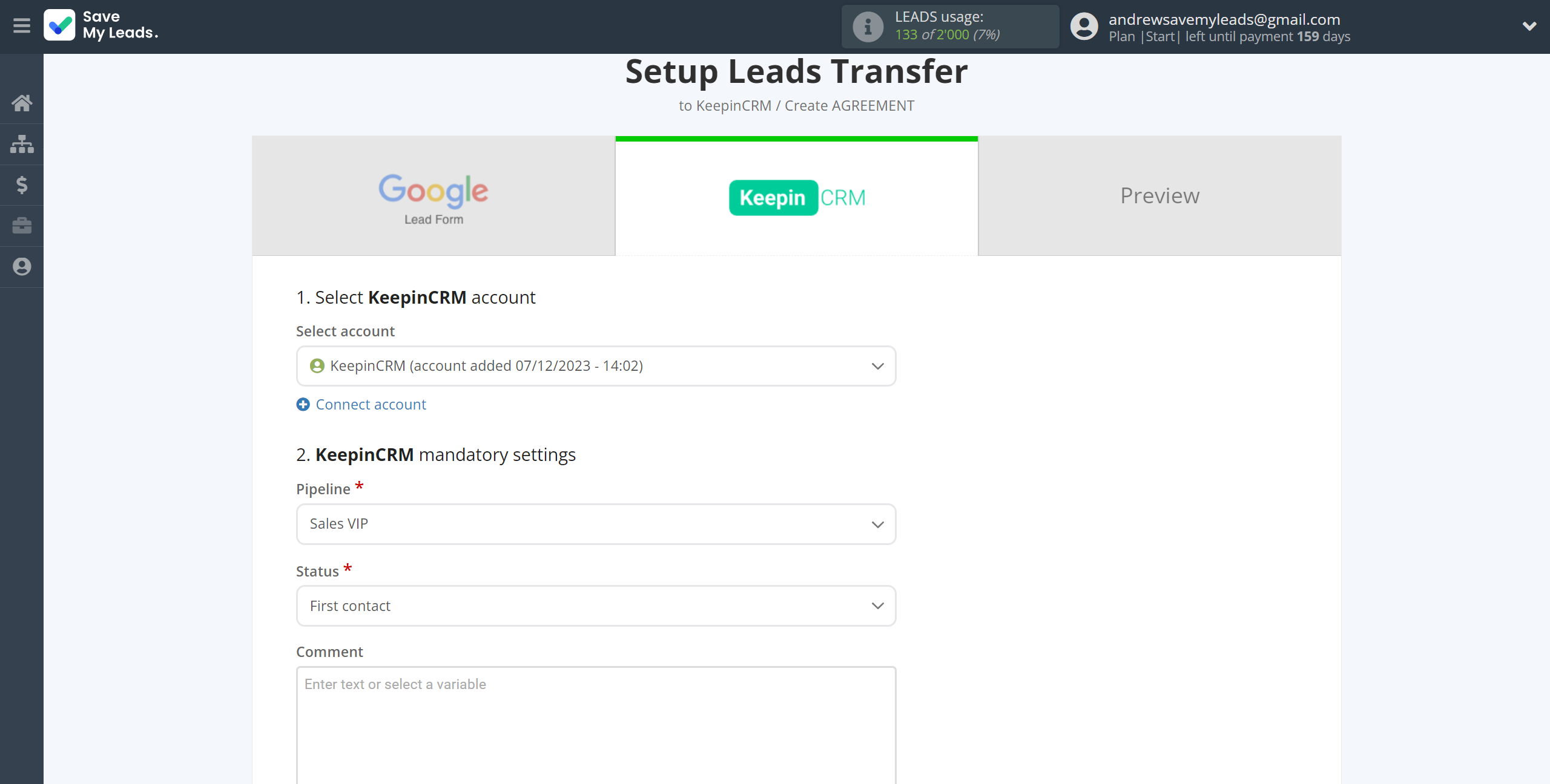 How to Connect Google Lead Form with KeepinCRM Create Agreement | Selecting Pipeline and Status