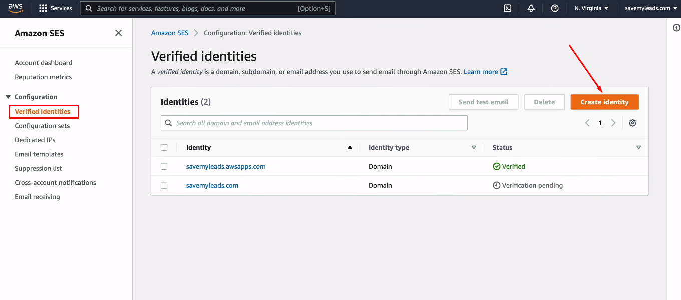 Facebook and Amazon SES integration | Click "Create identity"