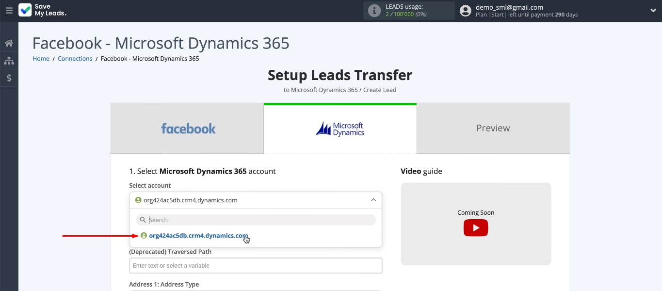 Facebook and Microsoft Dynamics 365 integration | Select Microsoft Dynamics 365 account Facebook and Microsoft Dynamics 365 integration | Select Microsoft Dynamics 365 account