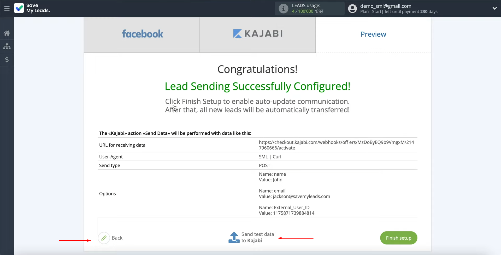 Facebook Leads Ads and Kajabi integration | Click “Send test data to Kajabi”