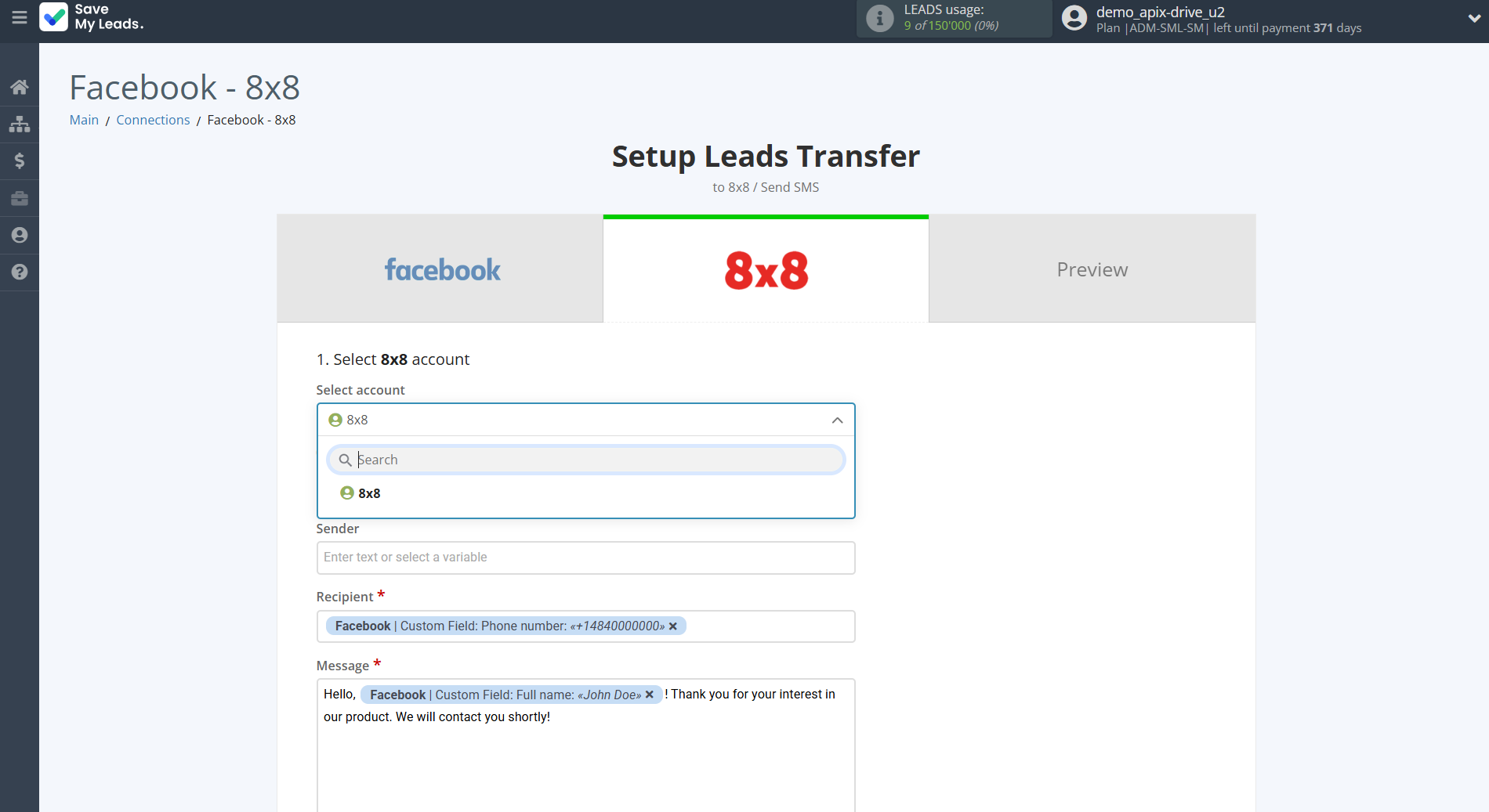 How to Connect Facebook with 8x8 | Data Destination account selection How to Connect Facebook with 8x8 | Data Destination account selection