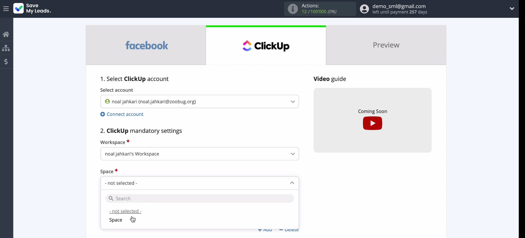 Facebook and ClickUp integration | Select Workspace