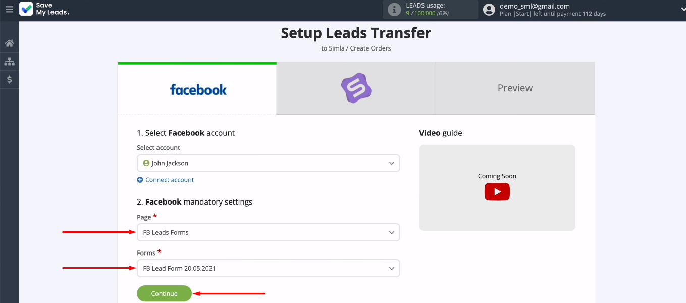 Facebook and Simla integration | Select an ad page and a lead form