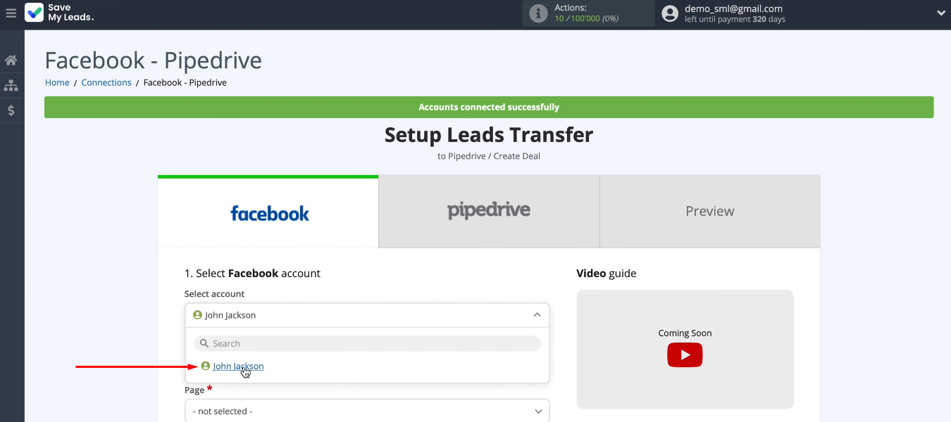 Facebook and Pipedrive integration | The connected account is now available for selection
