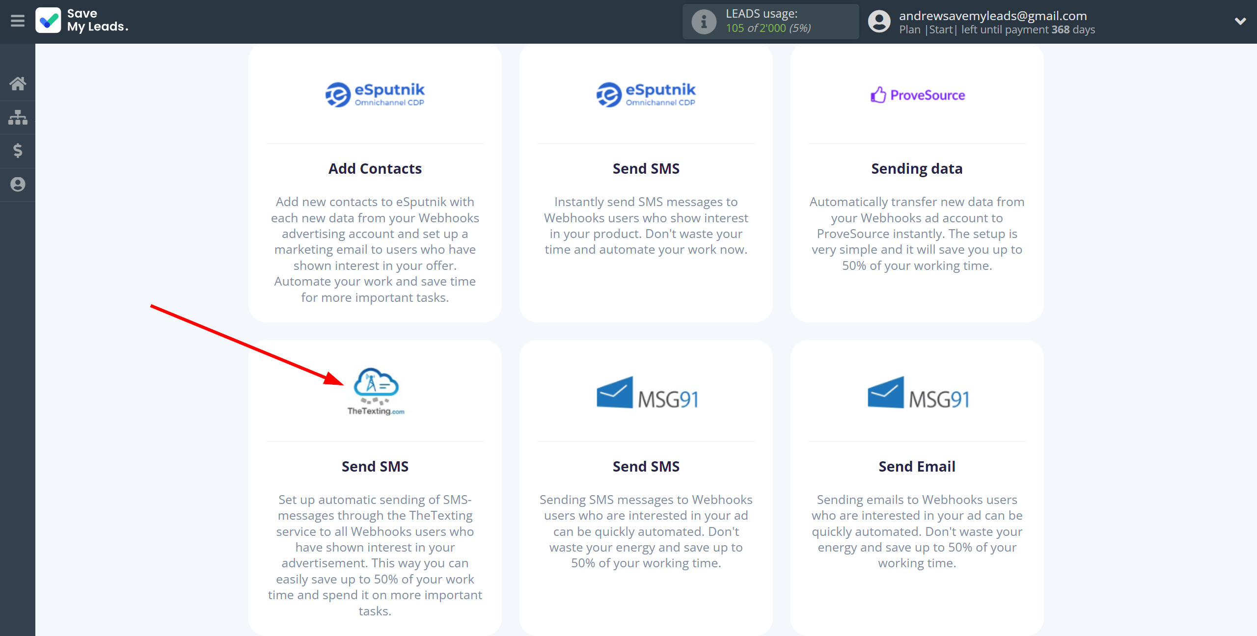 How to Connect Webhooks with TheTexting | Data Destination system selection