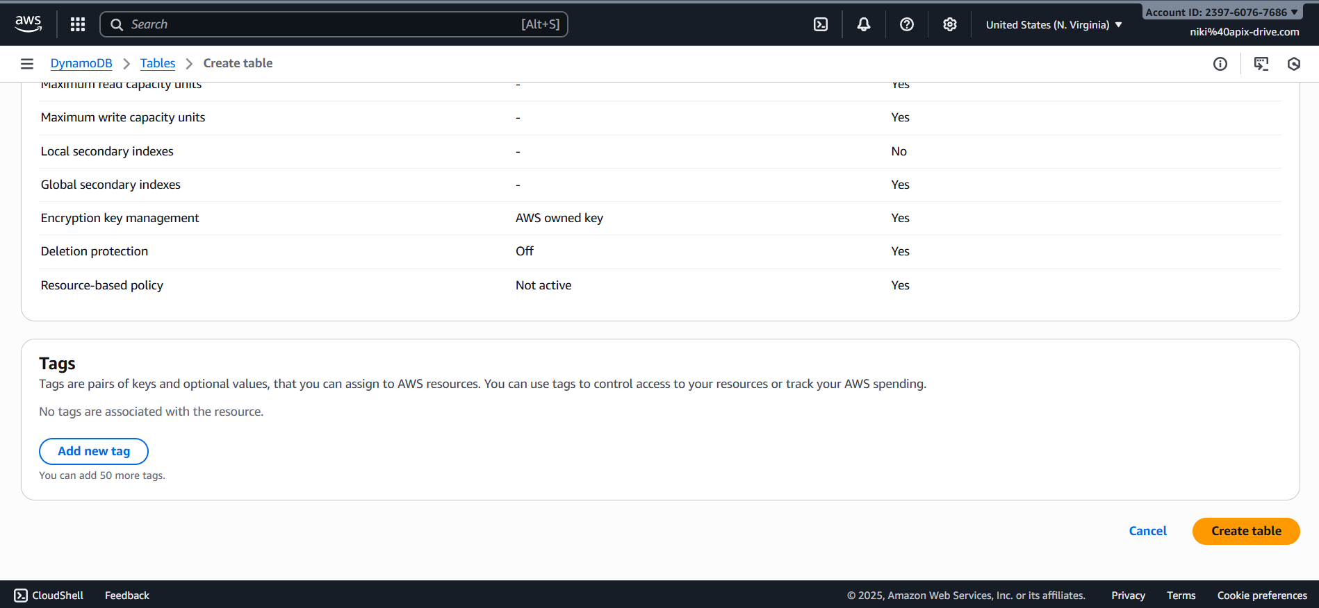 How to Connect Facebook with Amazon DynamoDB | Creating table