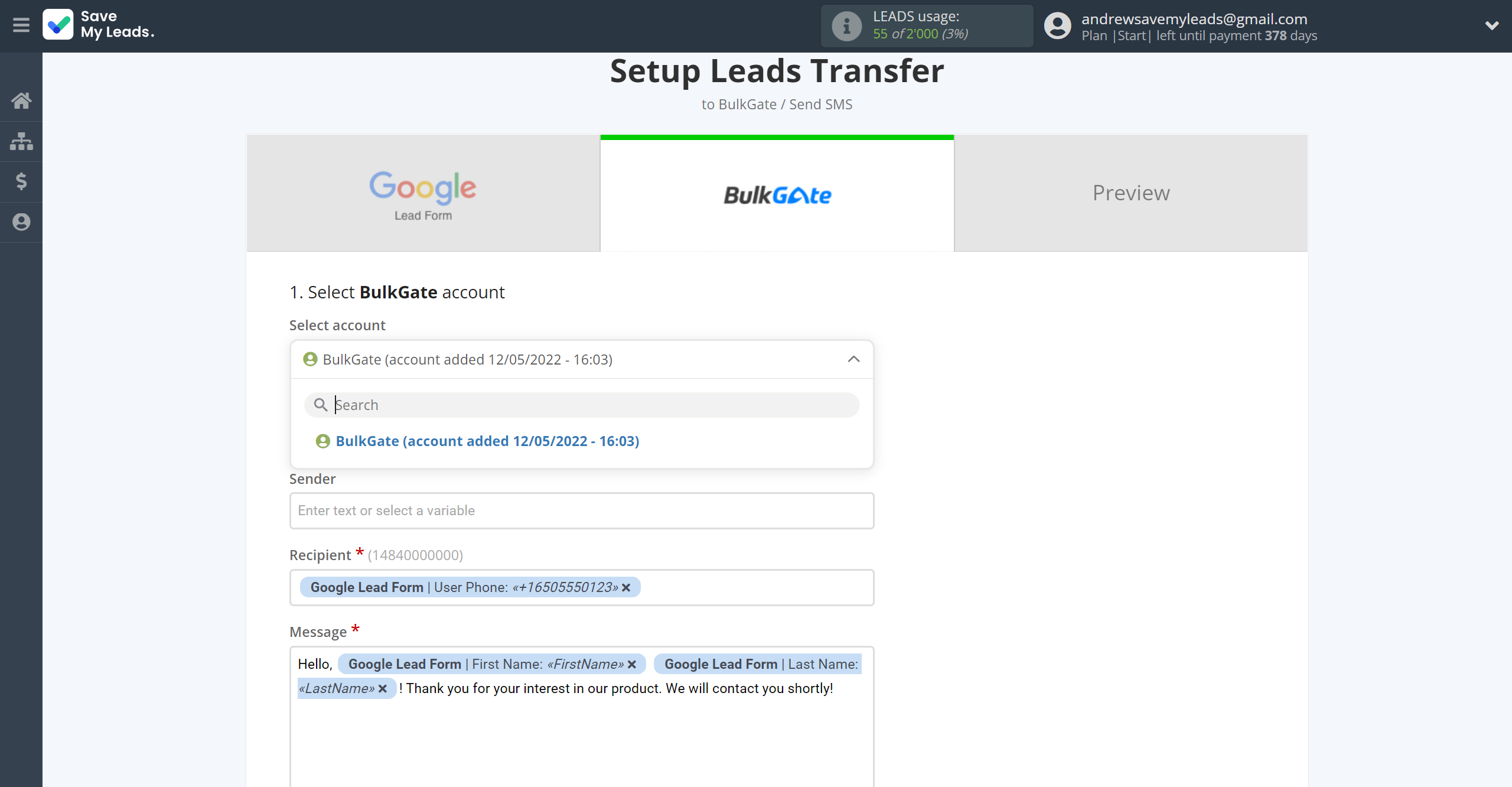 How to Connect Google Lead Form with BulkGate | Data Destination account selection