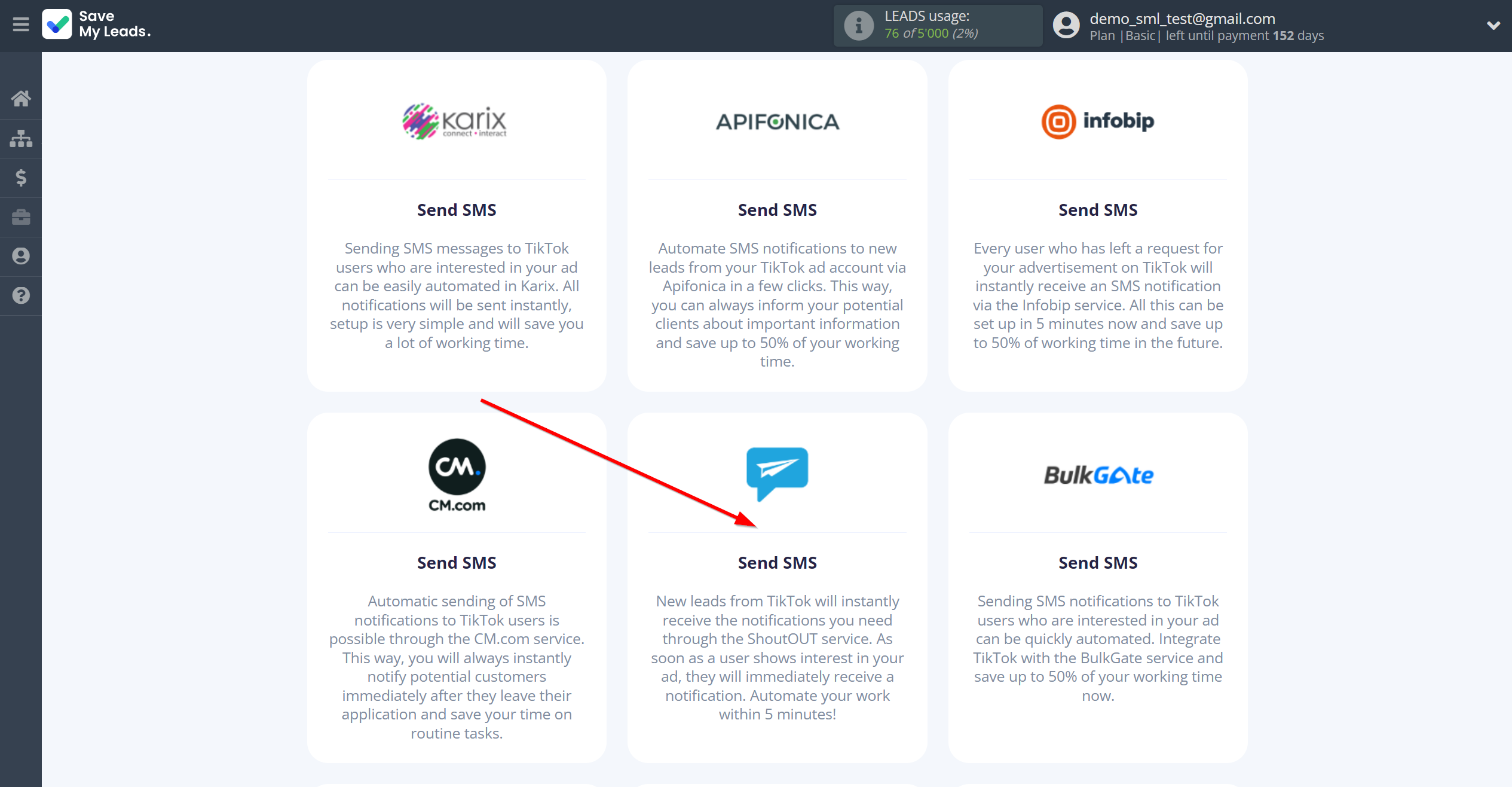 How to Connect&nbsp;TikTok with ShoutOUT | Data Destination system selection