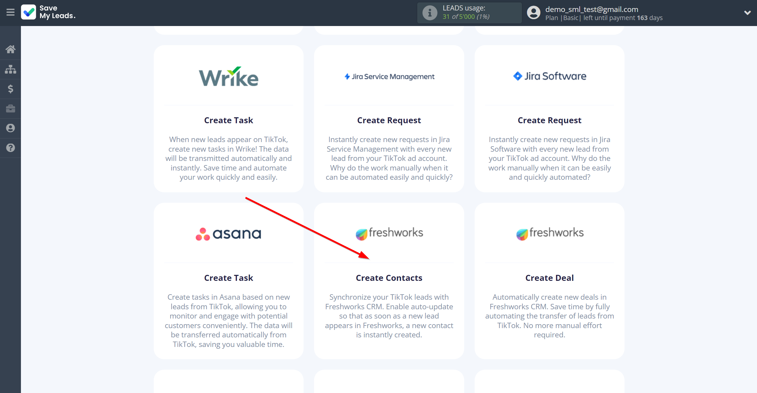 How to Connect TikTok with Freshworks Create Contacts | Data Destination system selection