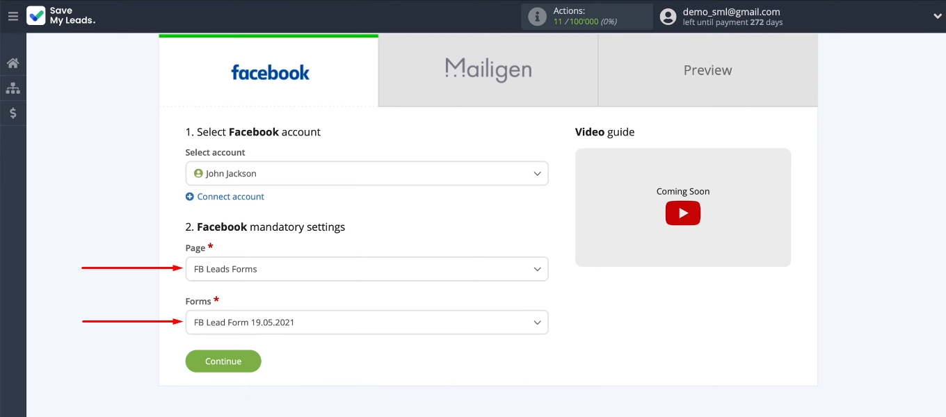 Facebook and Mailigen integration | Define an advertising page and a lead form