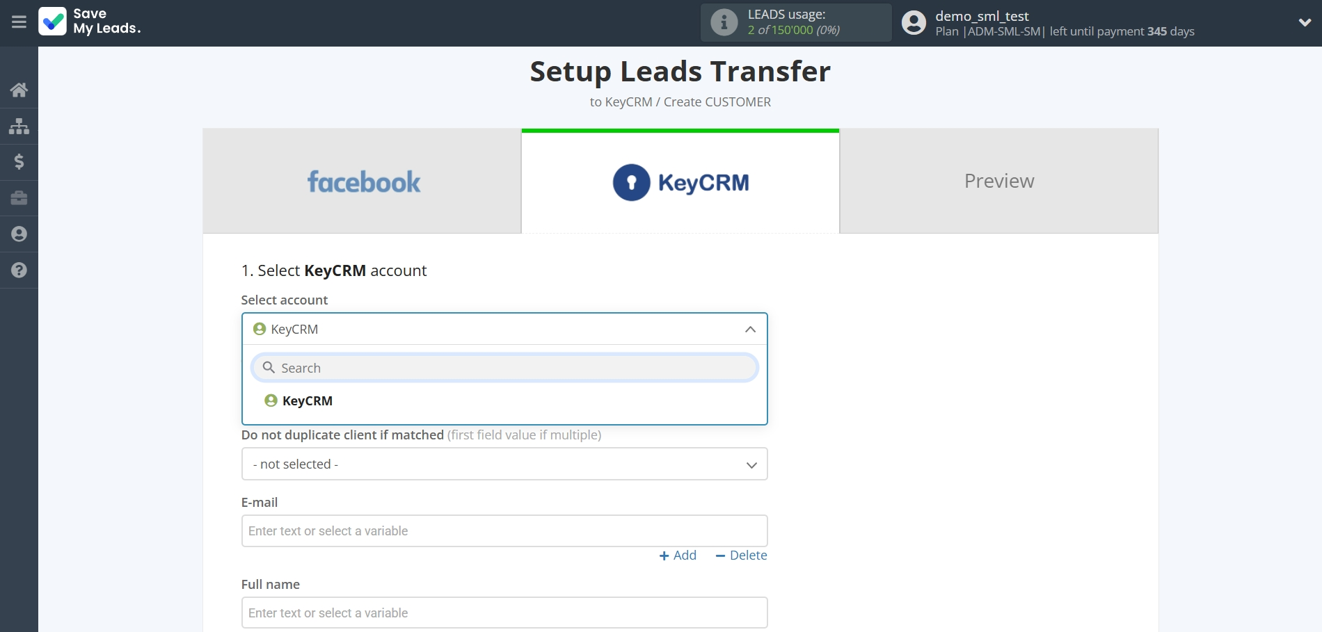 How to Connect Facebook with KeyCRM Create Lead | Data Destination account selection How to Connect Facebook with KeyCRM Create Lead | Data Destination account selection
