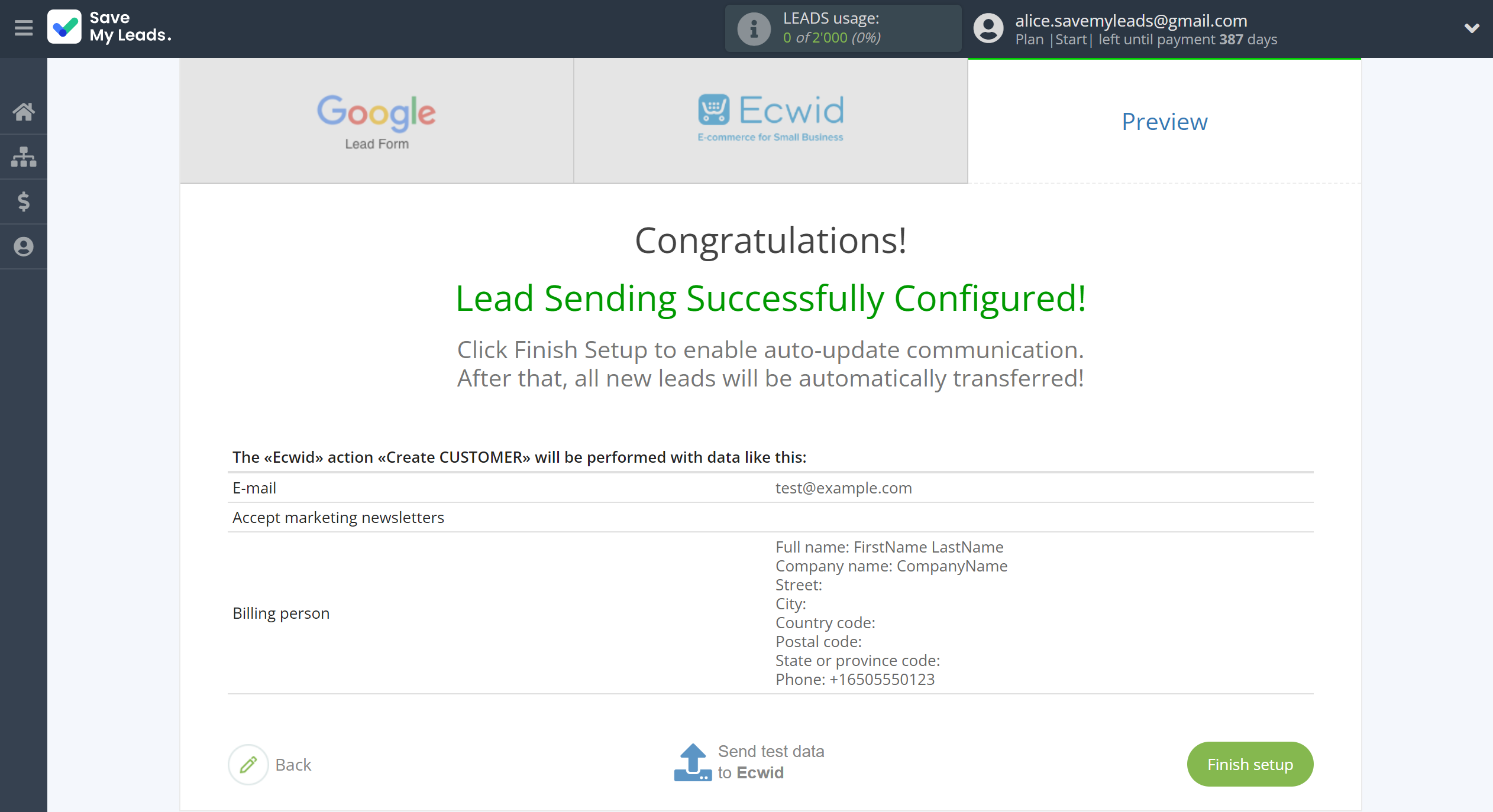 How to Connect Google Lead Form with Ecwid Create Customers | Test data