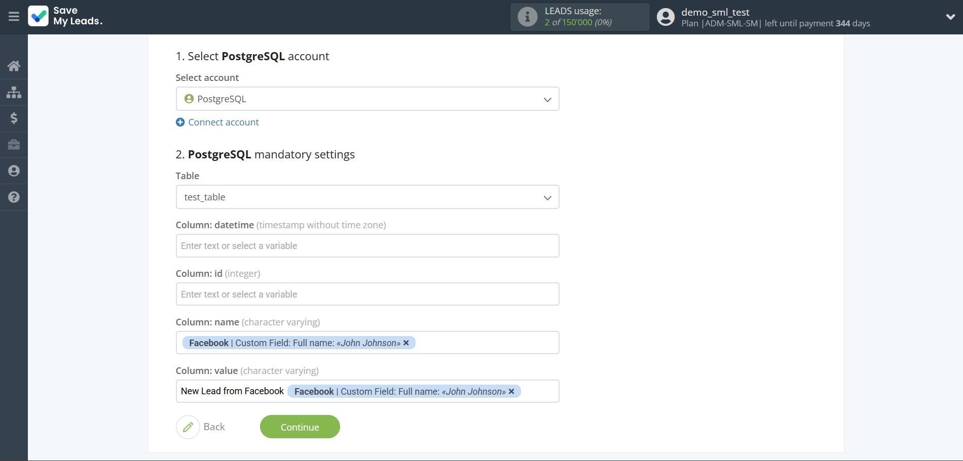 How to Connect Facebook with PostgreSQL | Assigning fields How to Connect Facebook with PostgreSQL | Assigning fields