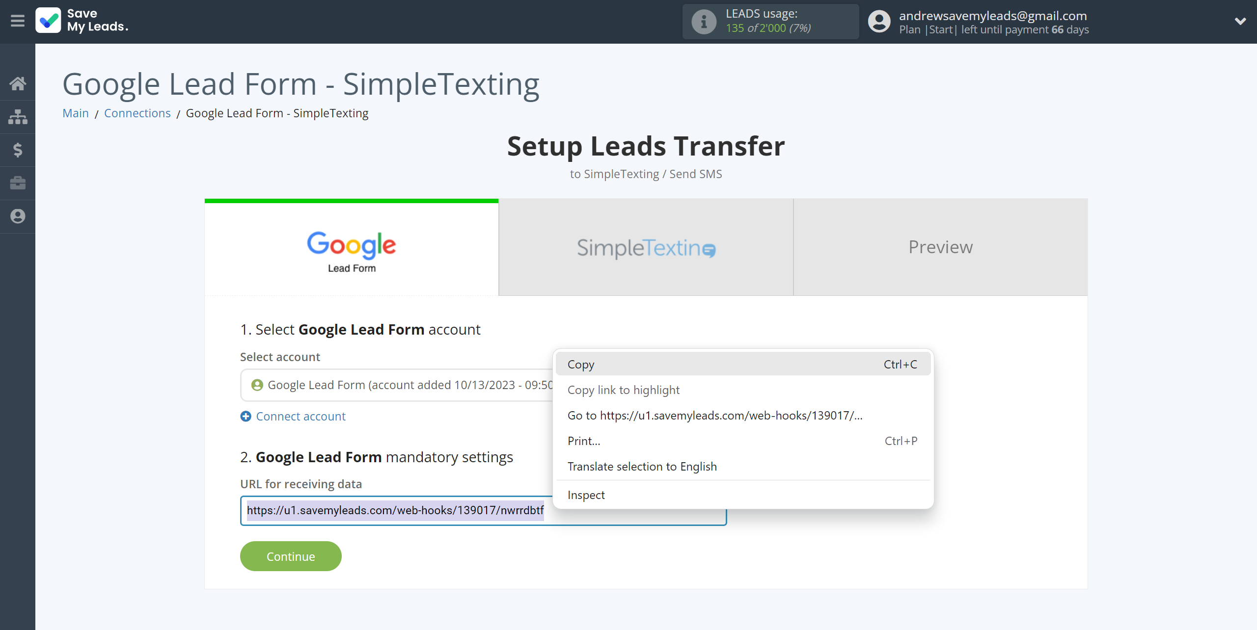 How to Connect Google Lead Form with SimpleTexting | Data Source account connection