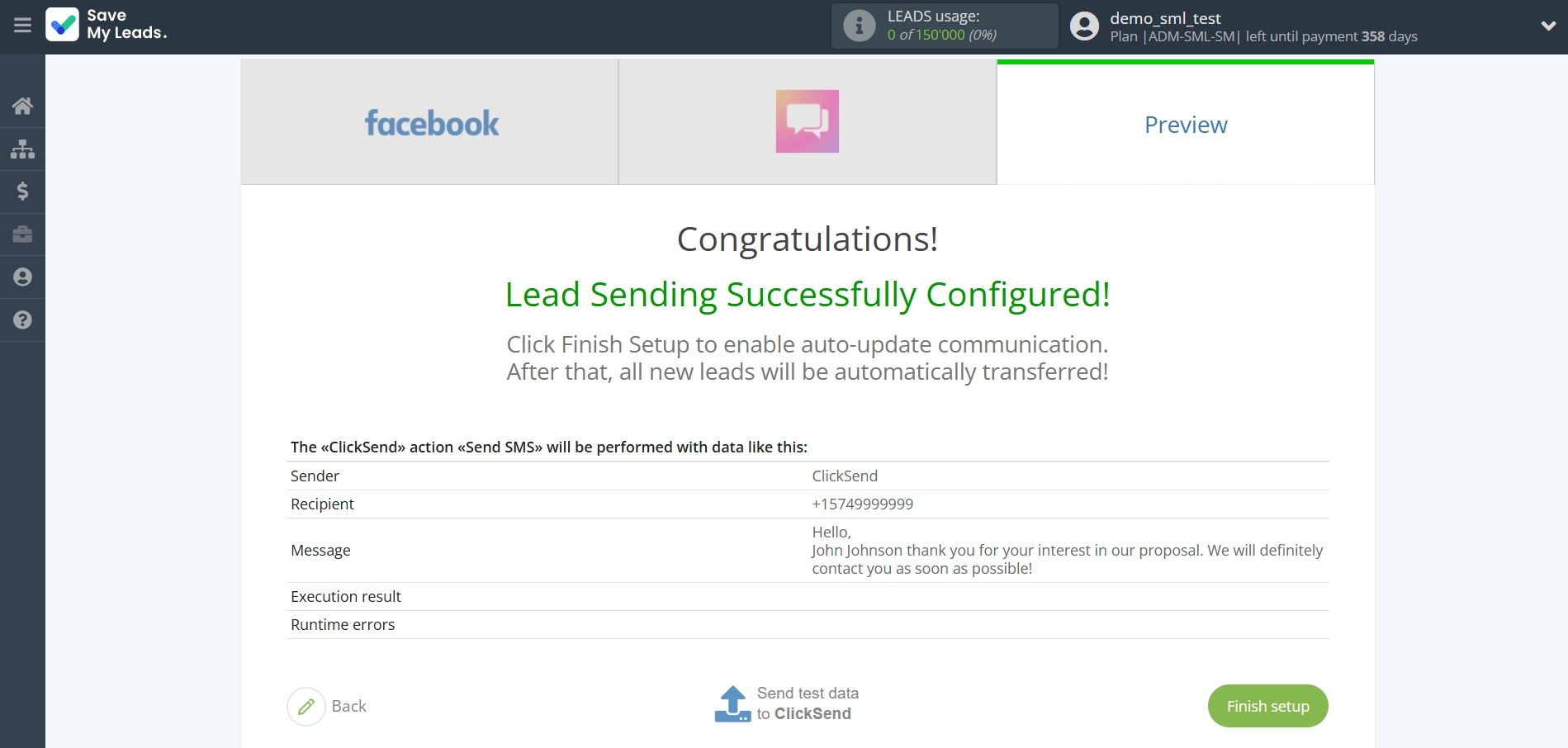 How to Connect FaceBook with ClickSend Send SMS | Test data