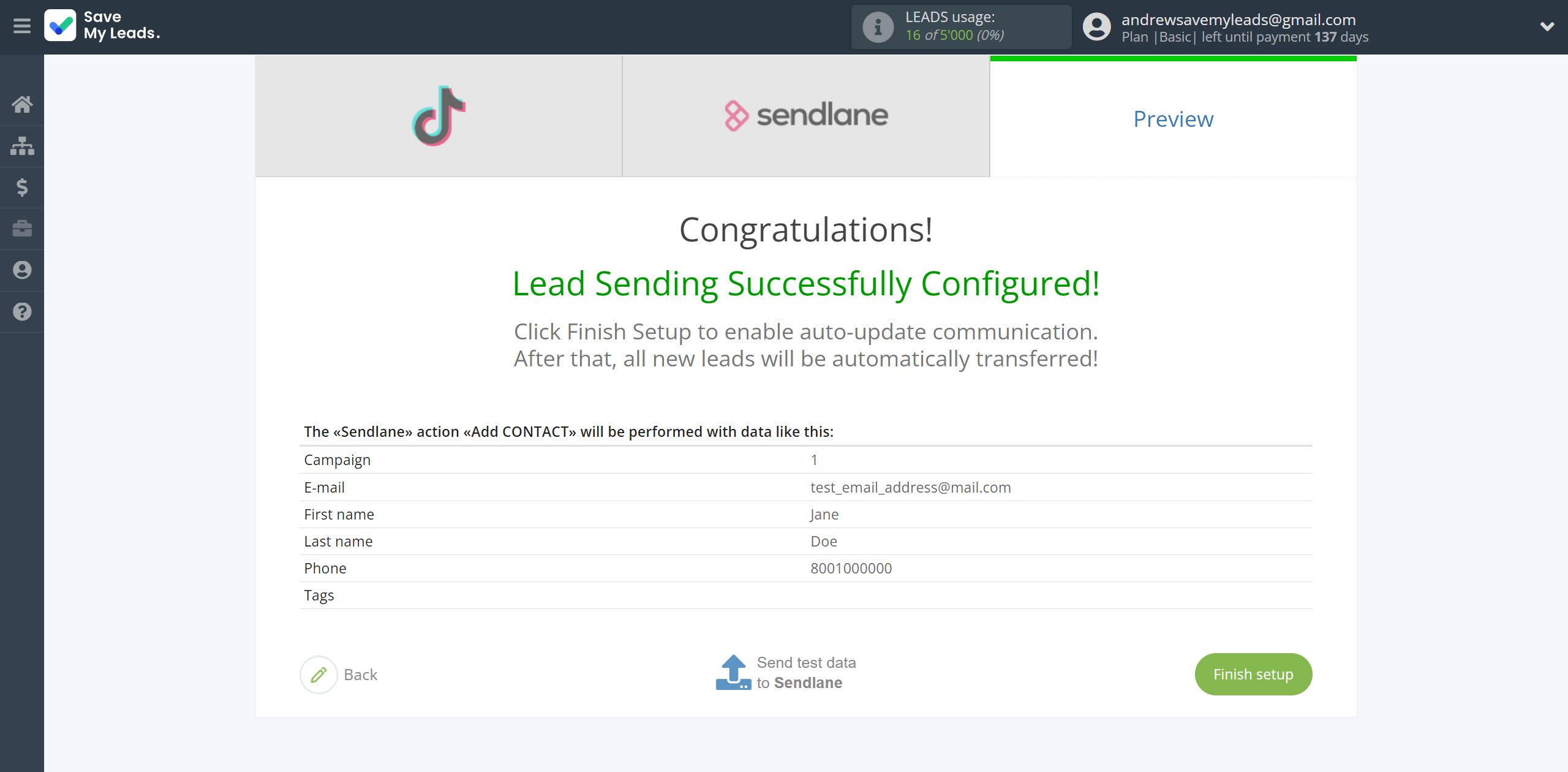 How to Connect TikTok with Sendlane Add Contacts | Test data