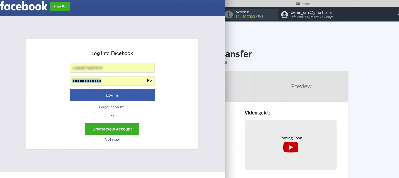 Facebook and MSG91 integration | Enter the username and password