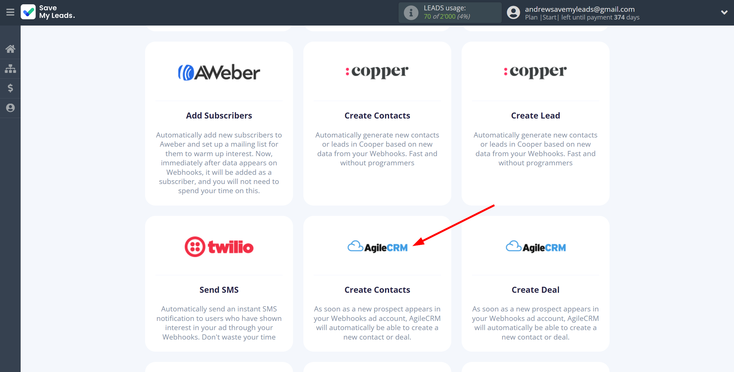 How to Connect Webhooks with AgileCRM Create Contacts | Data Destination system selection