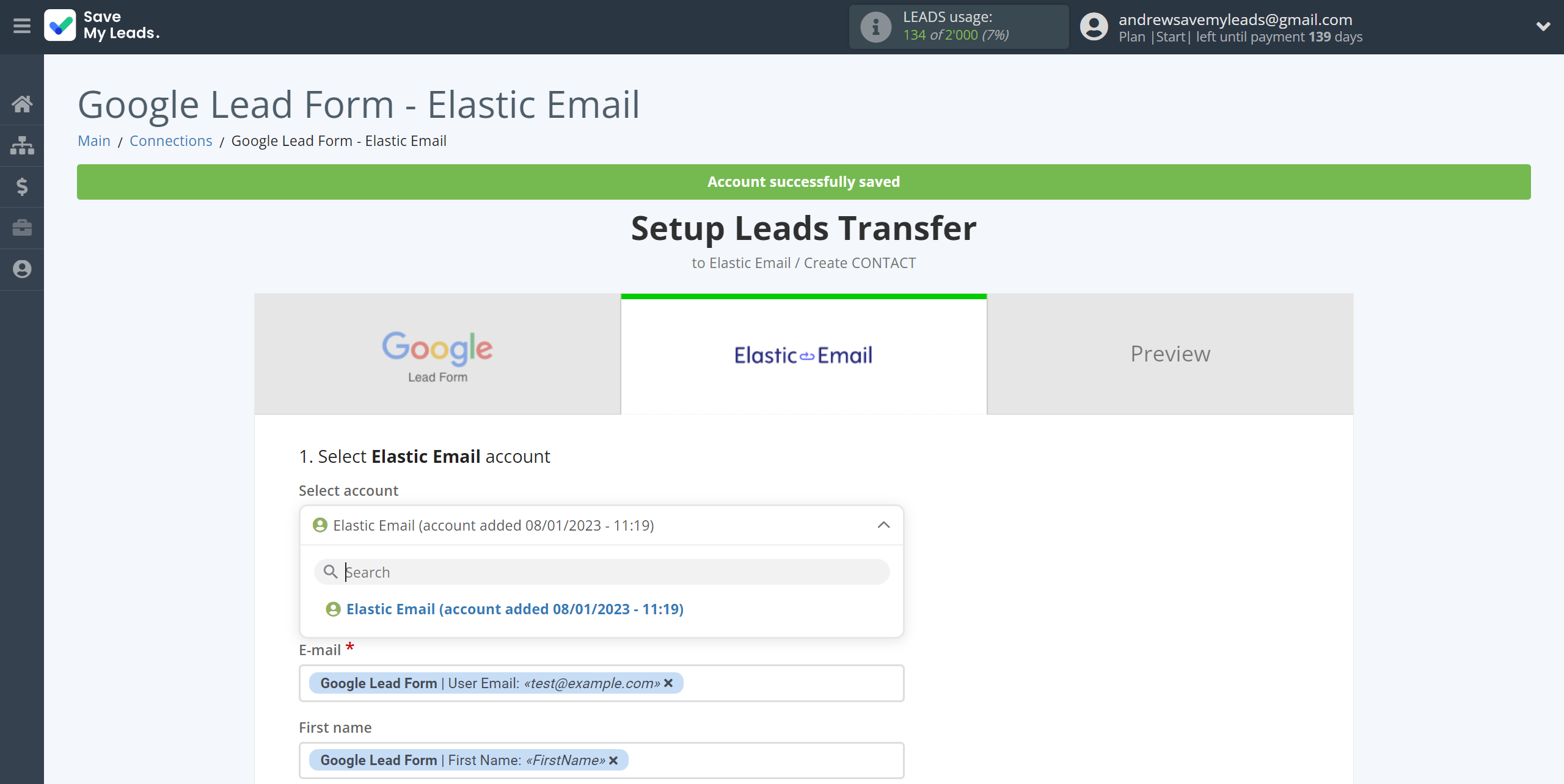 How to Connect Google Lead Form with Elastic Email Create Contacts | Data Destination account selection