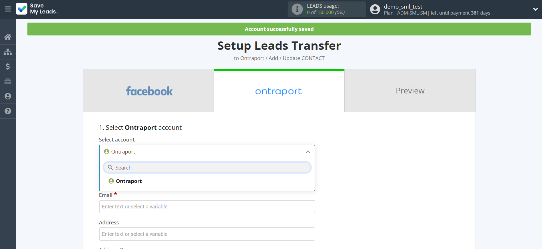 How to Connect Facebook with Ontraport | Data Destination account selection