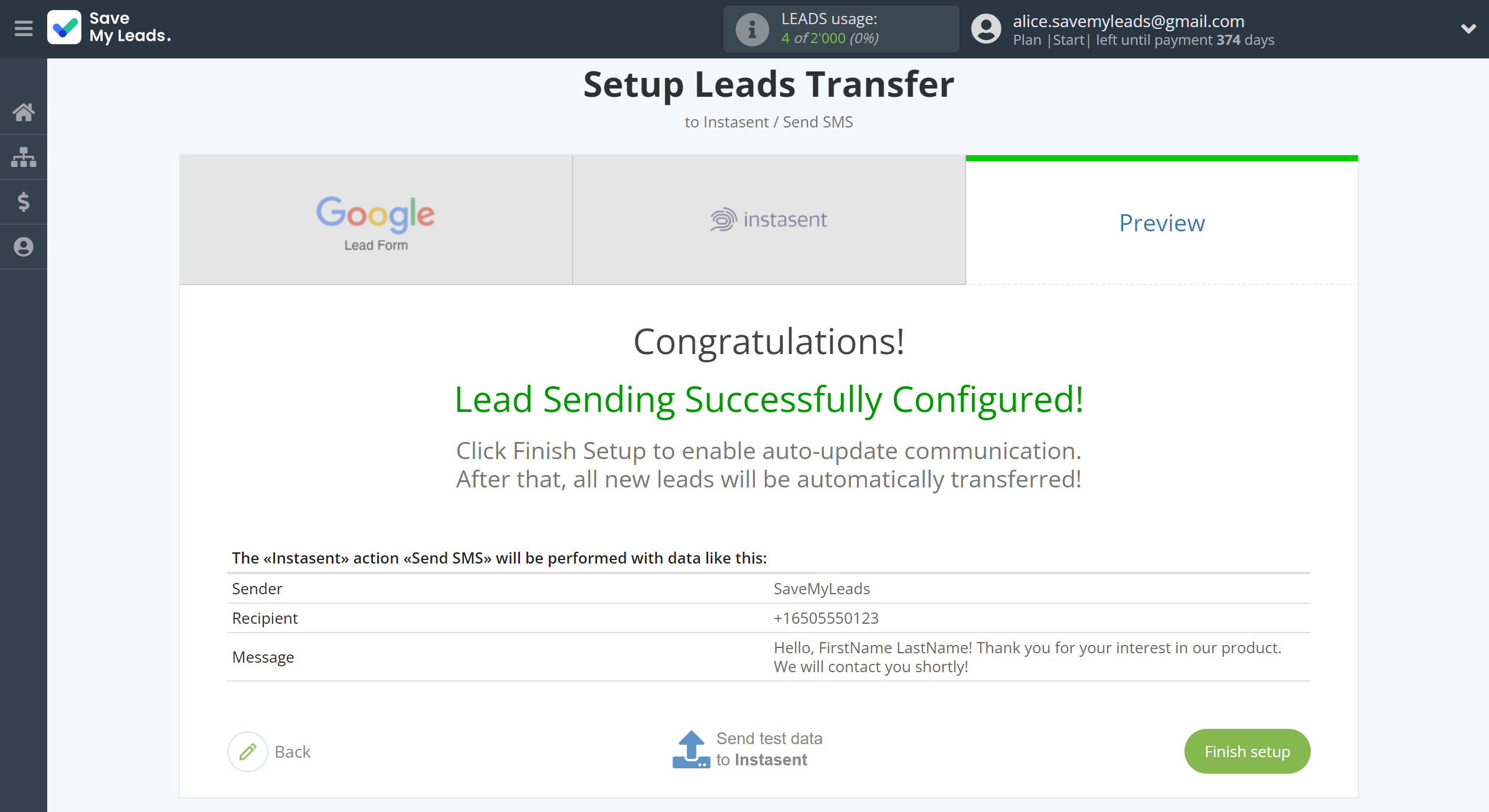 How to Connect Google Lead Form with Instasent | Test data