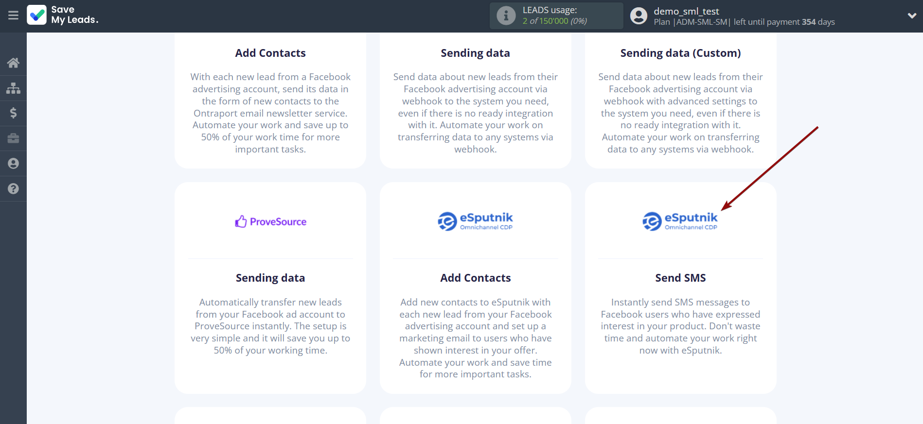 How to Connect Facebook with eSputnik Send SMS| Data Destination system selection How to Connect Facebook with eSputnik Send SMS| Data Destination system selection