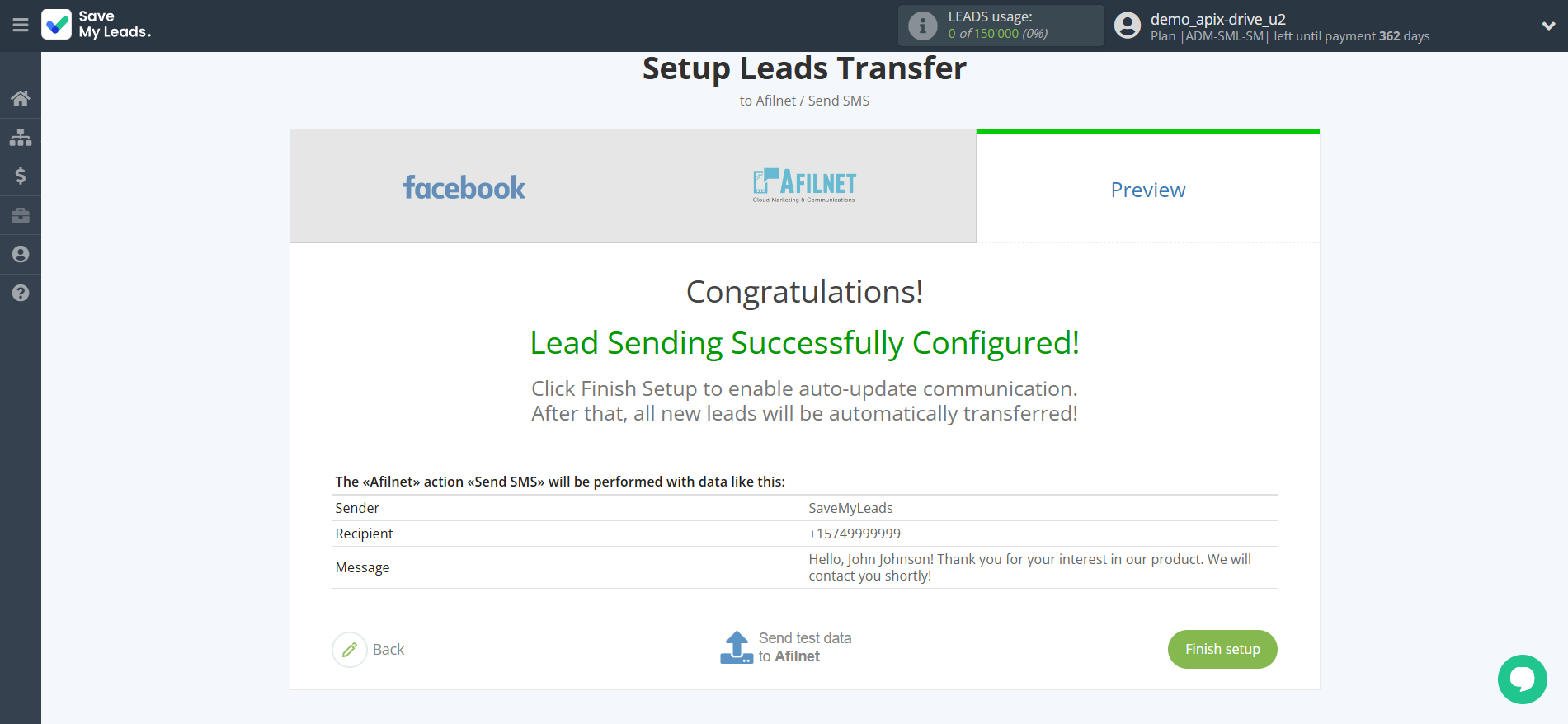 How to Connect Facebook with Afilnet | Test data