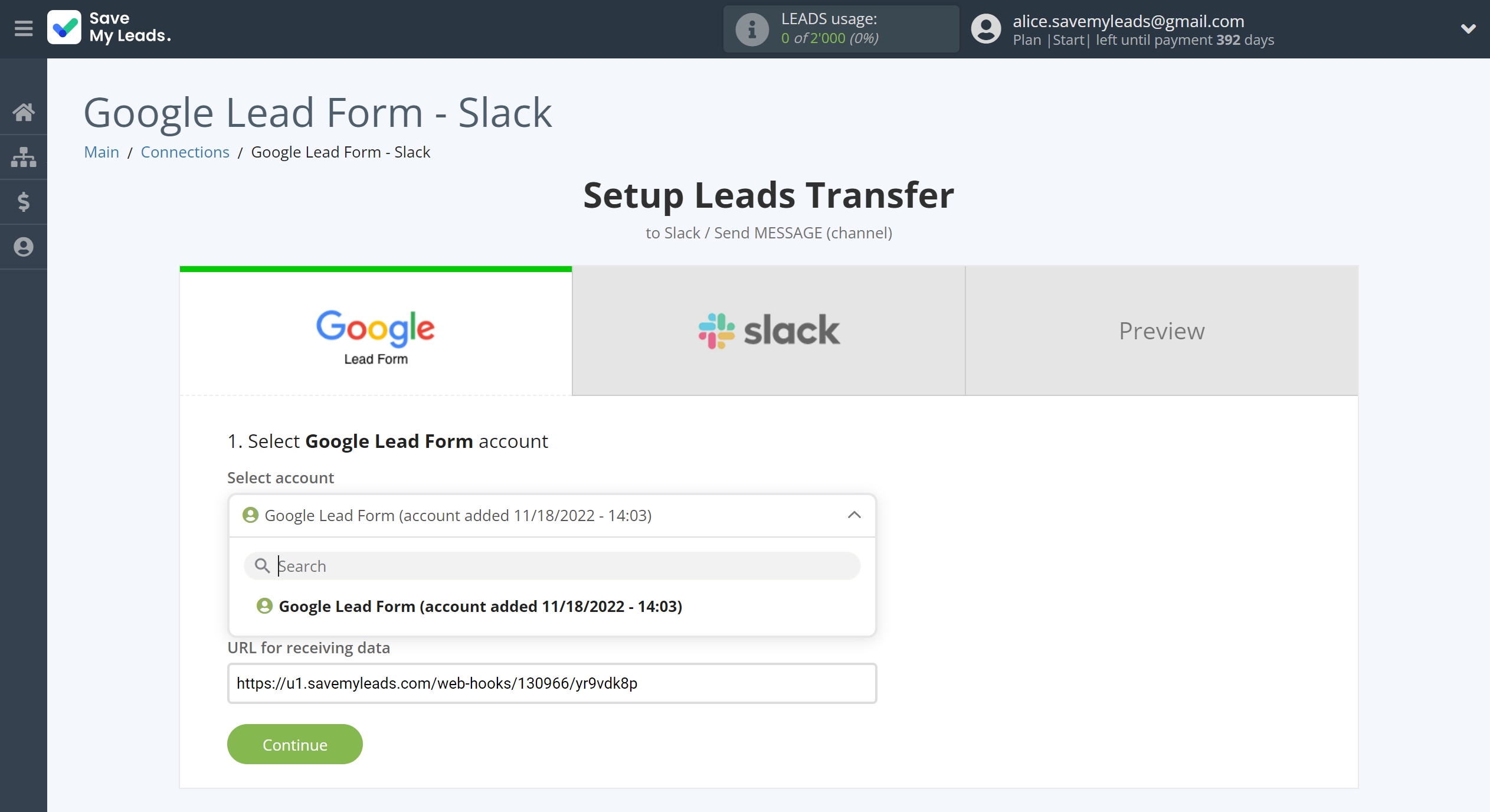 How to Connect Google Lead Form with Slack Channel Notification | Data Source account selection