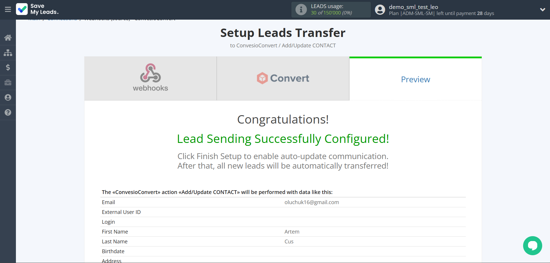 How to Connect Webhooks with&nbsp;ConvesioConvert | Test data