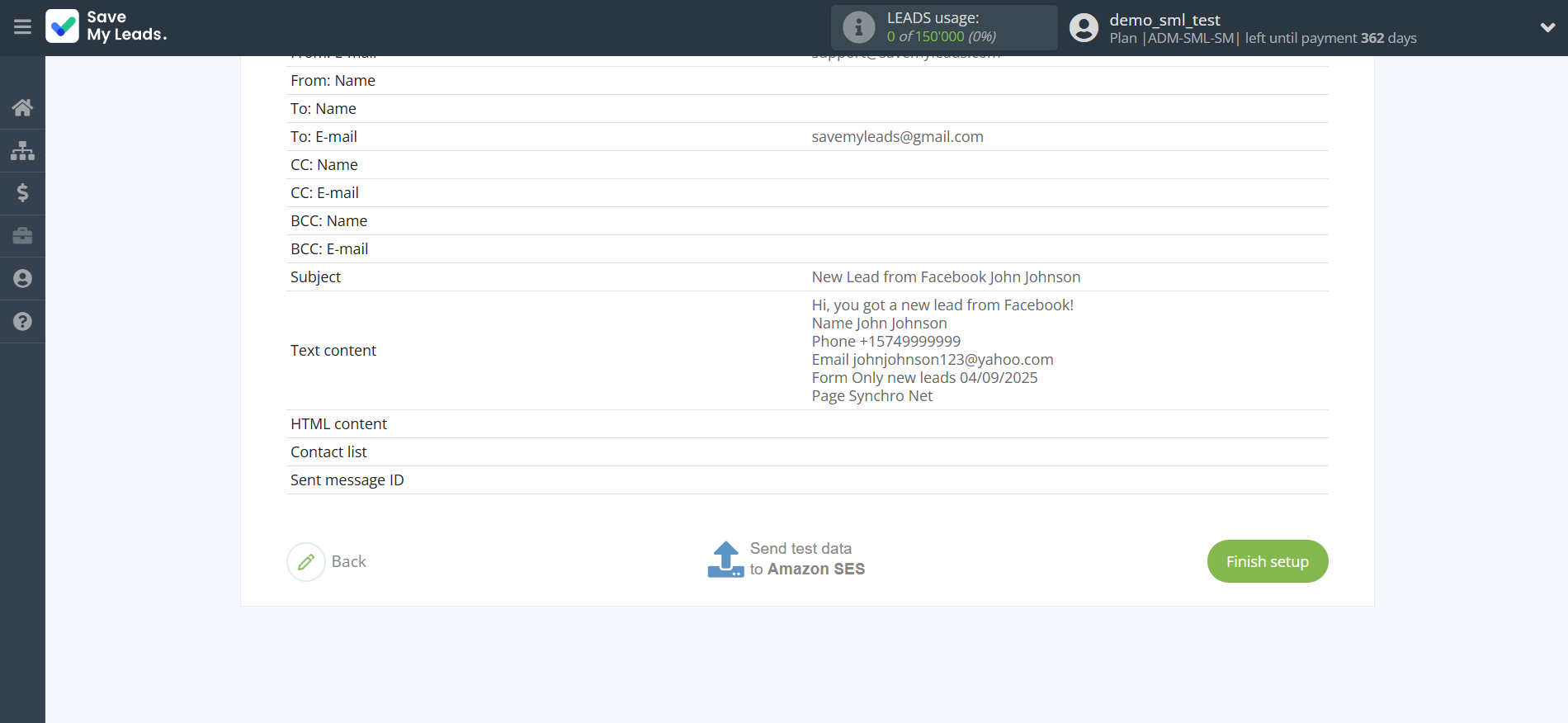 How to Connect Facebook with Amazon SES | Test data