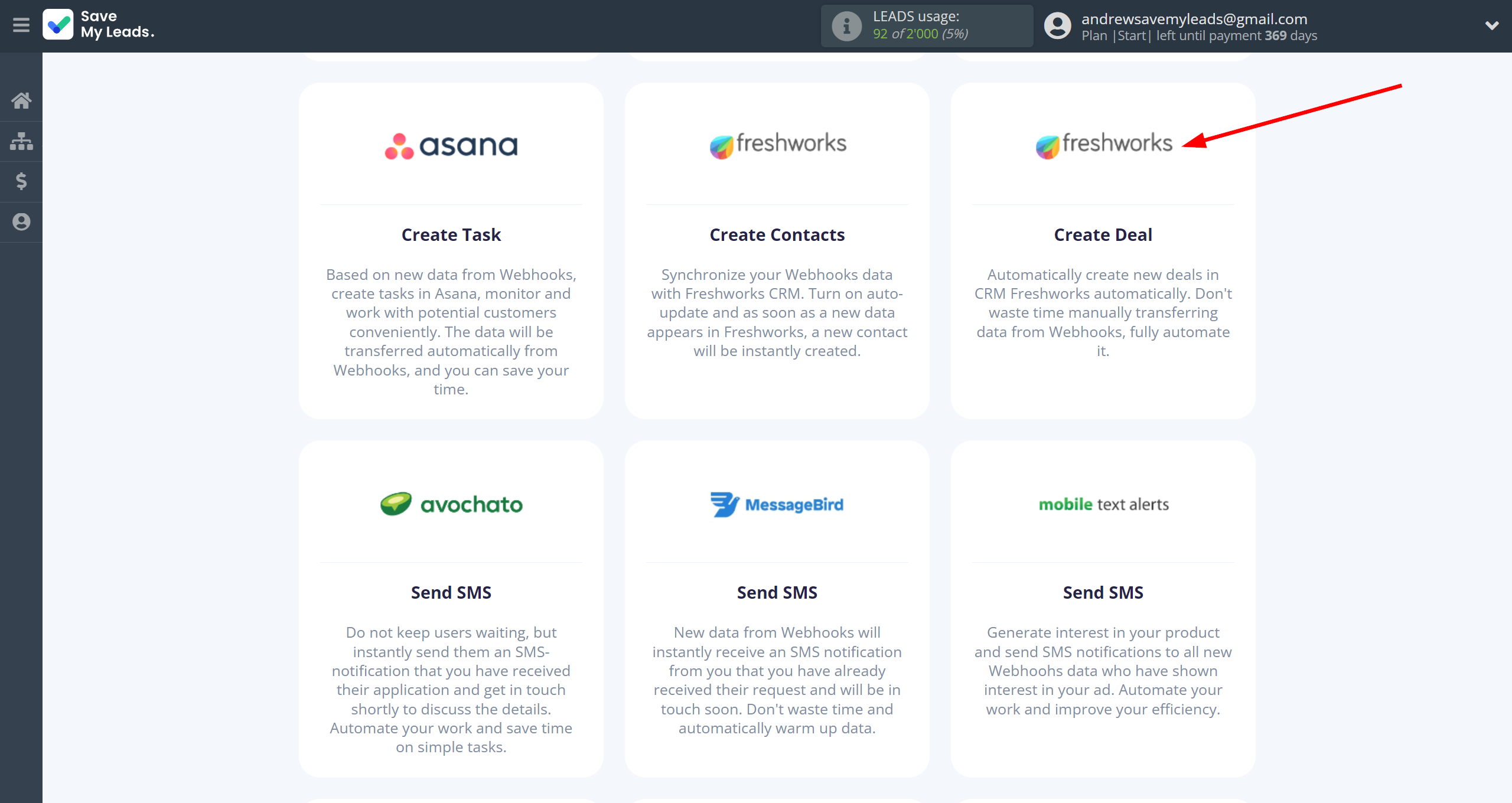 How to Connect Webhooks with Freshworks Create Deal | Data Destination system selection