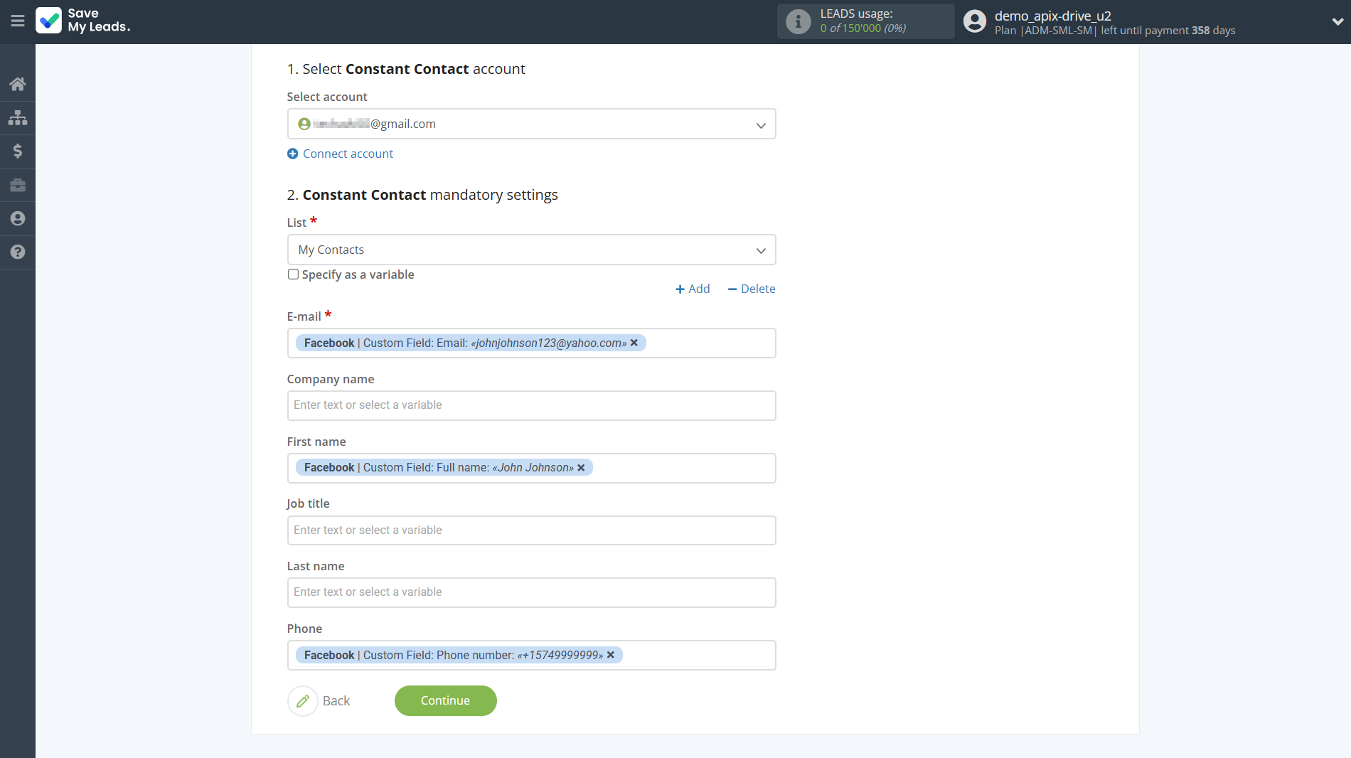 How to Connect Facebook with Constant Contact | Assigning fields